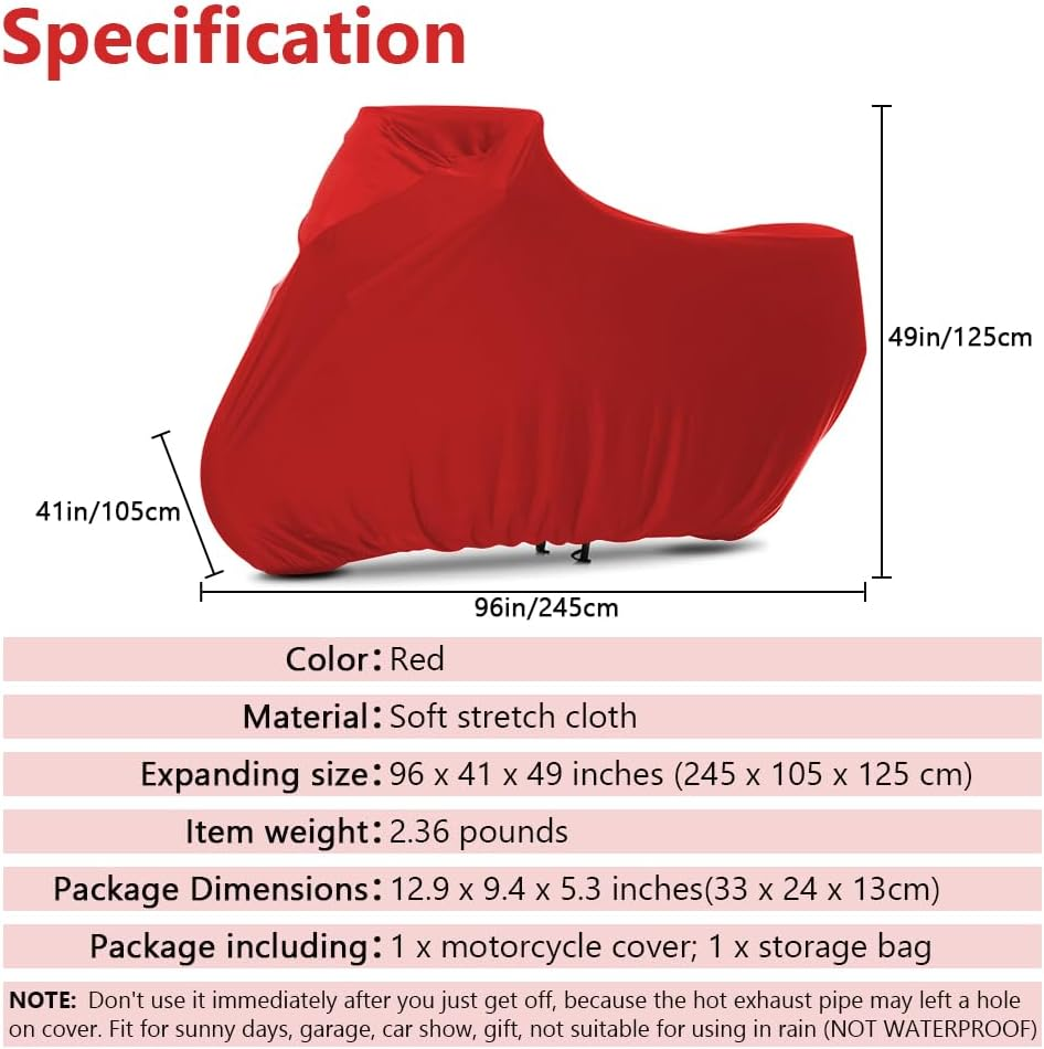 Indoor Motorcycle Cover Soft Stretch Dustproof Cover Compatible with All Motor, 96 Inches,Red image number 3