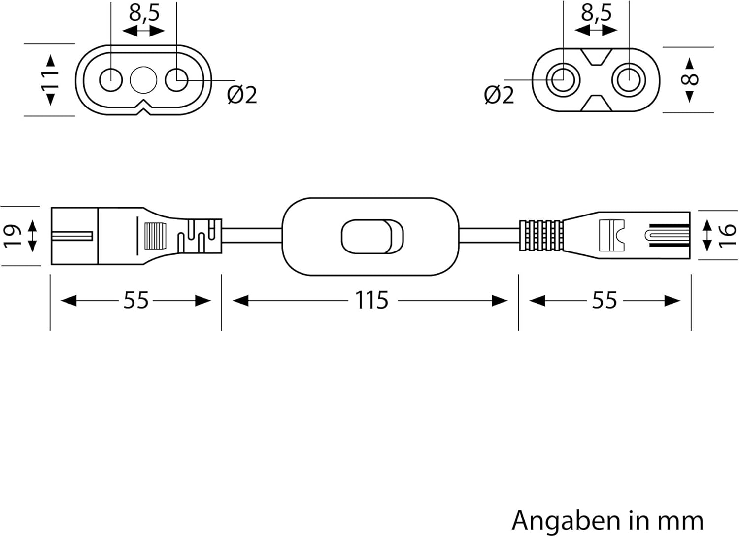 Ledscom.De Feed-Through Cable for Plug-In System Device Plug C7/C8, Switch, 0.2 M, White, Feed-Through Cable, Network Cable, Euro 8, Plug-In System, Switch, Toggle Switch, 0.2 M, 20 Cm, off Switch