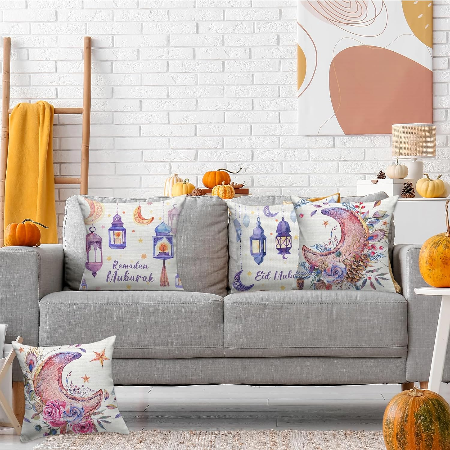 FARMNALL Linen Ramadan Mubarak Pillow Covers 18X18 Set of 4 Mosque Lantern Islamic Mubarak Pillow Case Decorations Bed Couch Sofa Car Chair Pillow image number 1