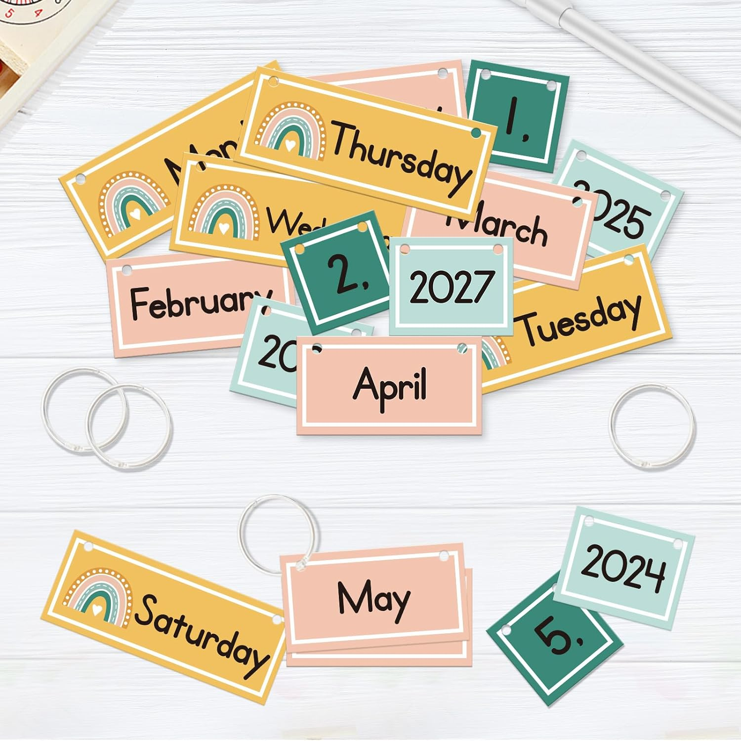 EAMAY Classroom Boho Rainbow Flip Calendar Chart Set Wtih 55 Cards and Hanging Rod, Colorful Classroom Decor for Teacher Supplies Must Haves!