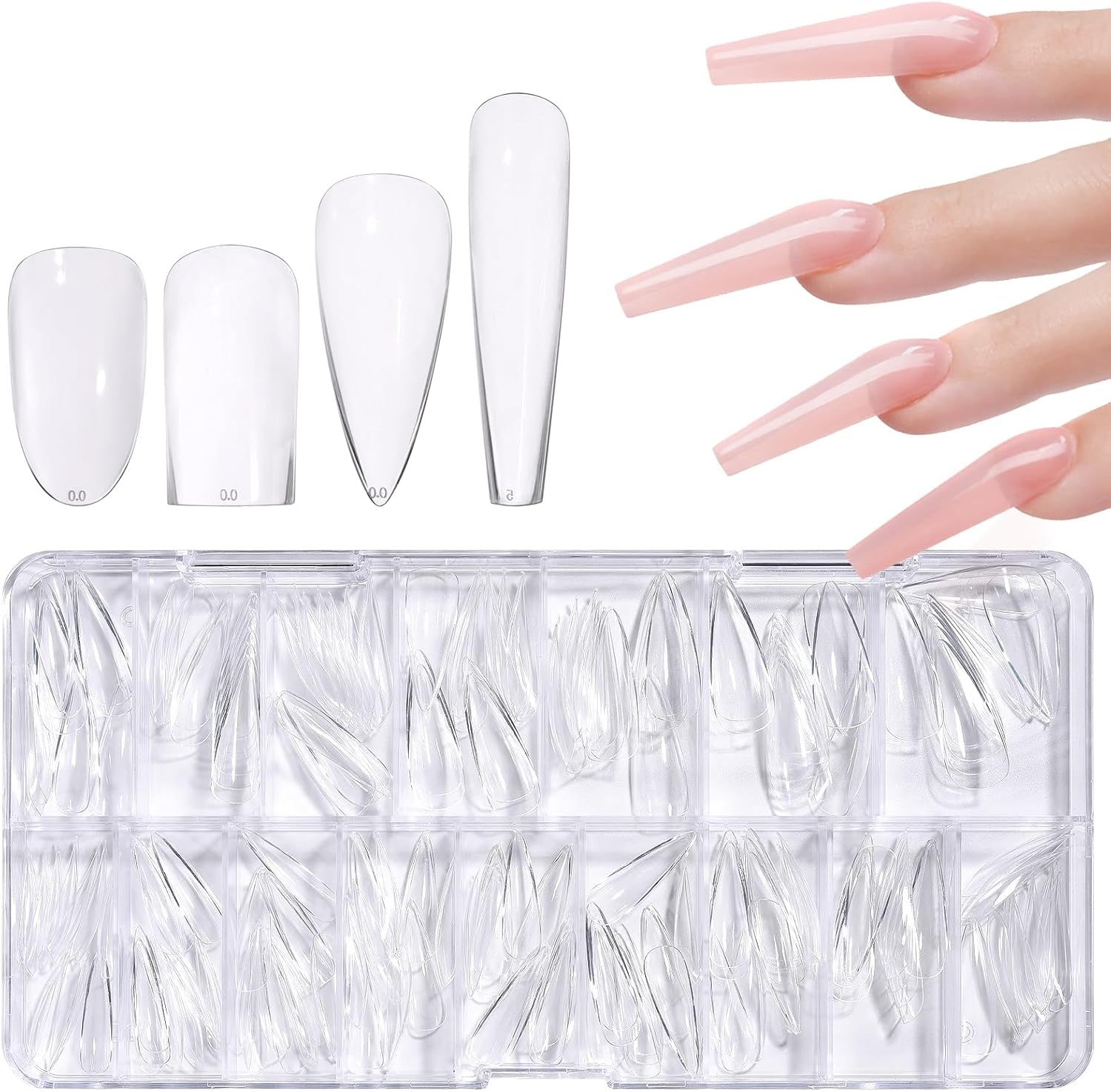 KADS 160Pcs Deep C Curve 16 Sizes Full Cover Nail Tips Clear Pre-Built False Nail Extension Thick Sculpted Acrylic Nail Tip for Flat Nails Deep Curve, Coffin