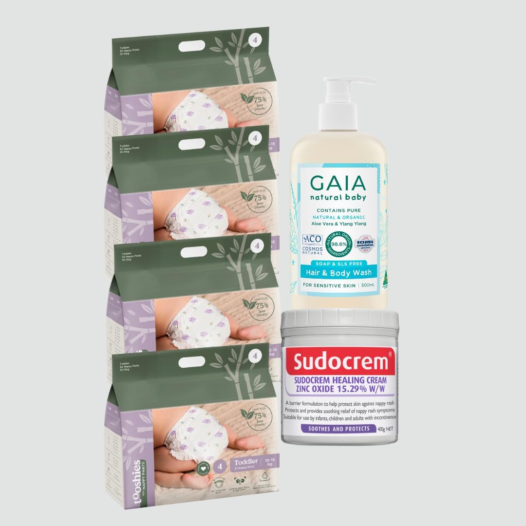 Tooshies Eco Nappy Pants, Size 4 Toddler, 128 Count + Sudocrem Healing Cream 400G + GAIA Natural Baby Hair and Body Wash 500Ml