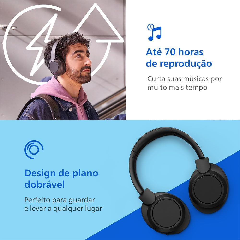 Philips TAH6509BK/00 Noise Cancelling Over-Ear Wireless Bluetooth Headphones - Excellent Call Quality, Compatible with Voice Assistants and up to 45 Hours of Music Playback Time - Black image number 5