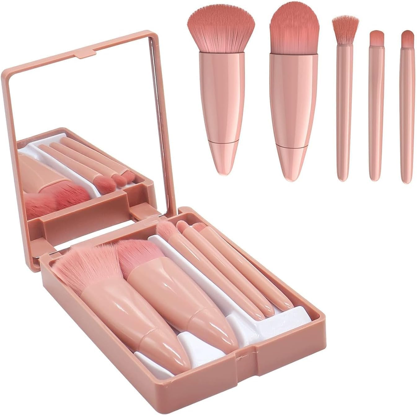 5 Pcs Makeup Brushes Set, Portable Travel Small Makeup Brushes with Brush Case Built-In Mirror, Cosmetics Brushes for Eyeshadow, Powder, Foundation image number 4