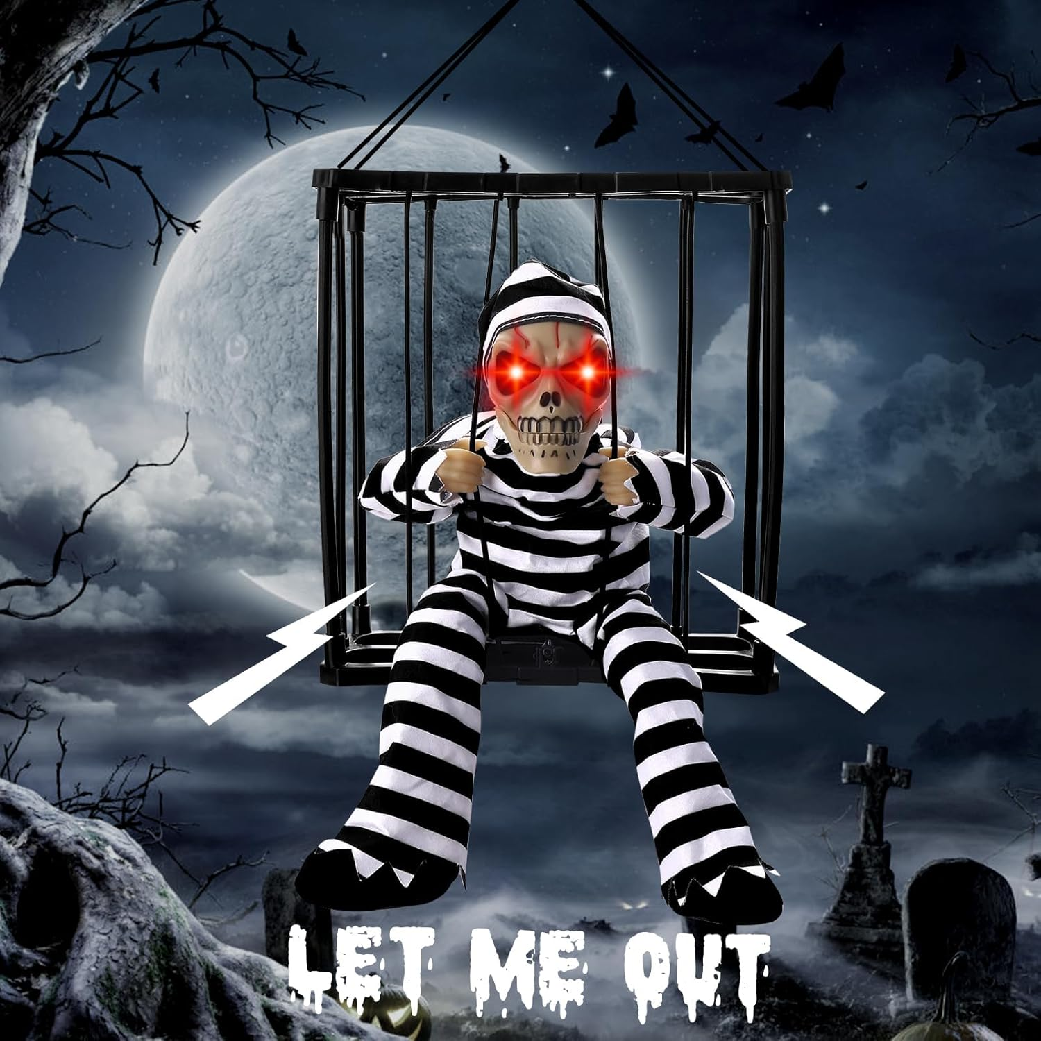 Screaming Animated Halloween Decorations, Halloween Decor Prop with Motion Sensor, Scary Skull Cage Prisoner Haunted House Decor, Spooky Hanging Ghost Decorations Outdoor Indoor