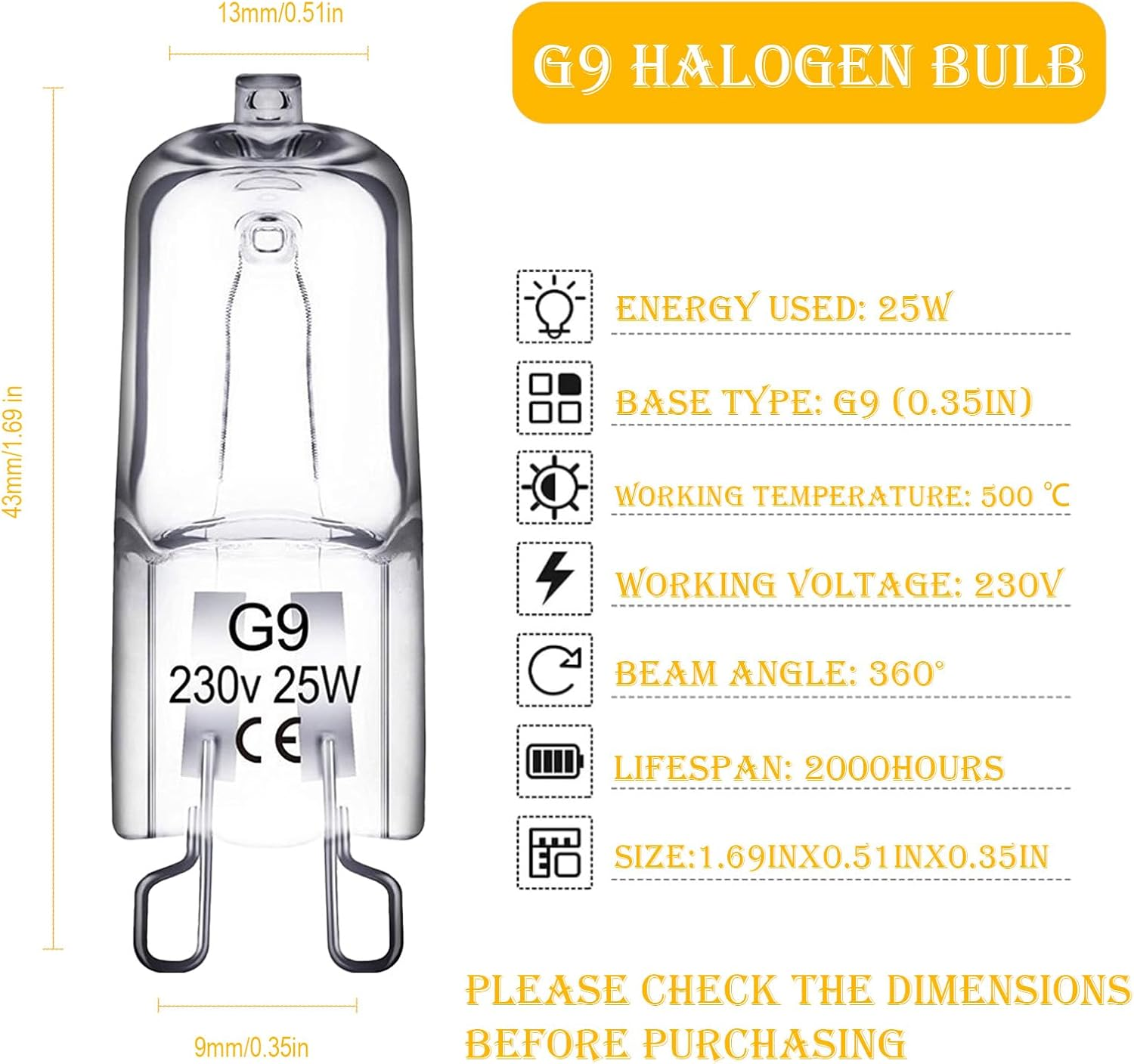 2-Pack G9 Halogen Bulbs 25W Warm White 220-240V Dimmable Light Globes - Bi-Pin Base for Oven, Kitchen, Cabinet Lighting image number 1