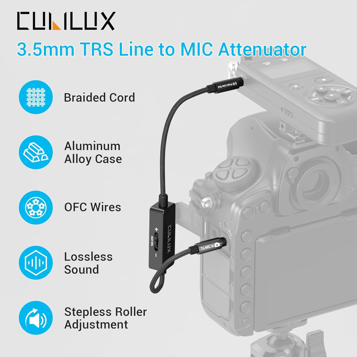 Cubilux 3.5Mm Line Level to Microphone Level Attenuator Cable, 1/8-Inch TRS Line Out to MIC in Attenuation Cord for DSLR Camera Camcorder Recorder, 30Cm