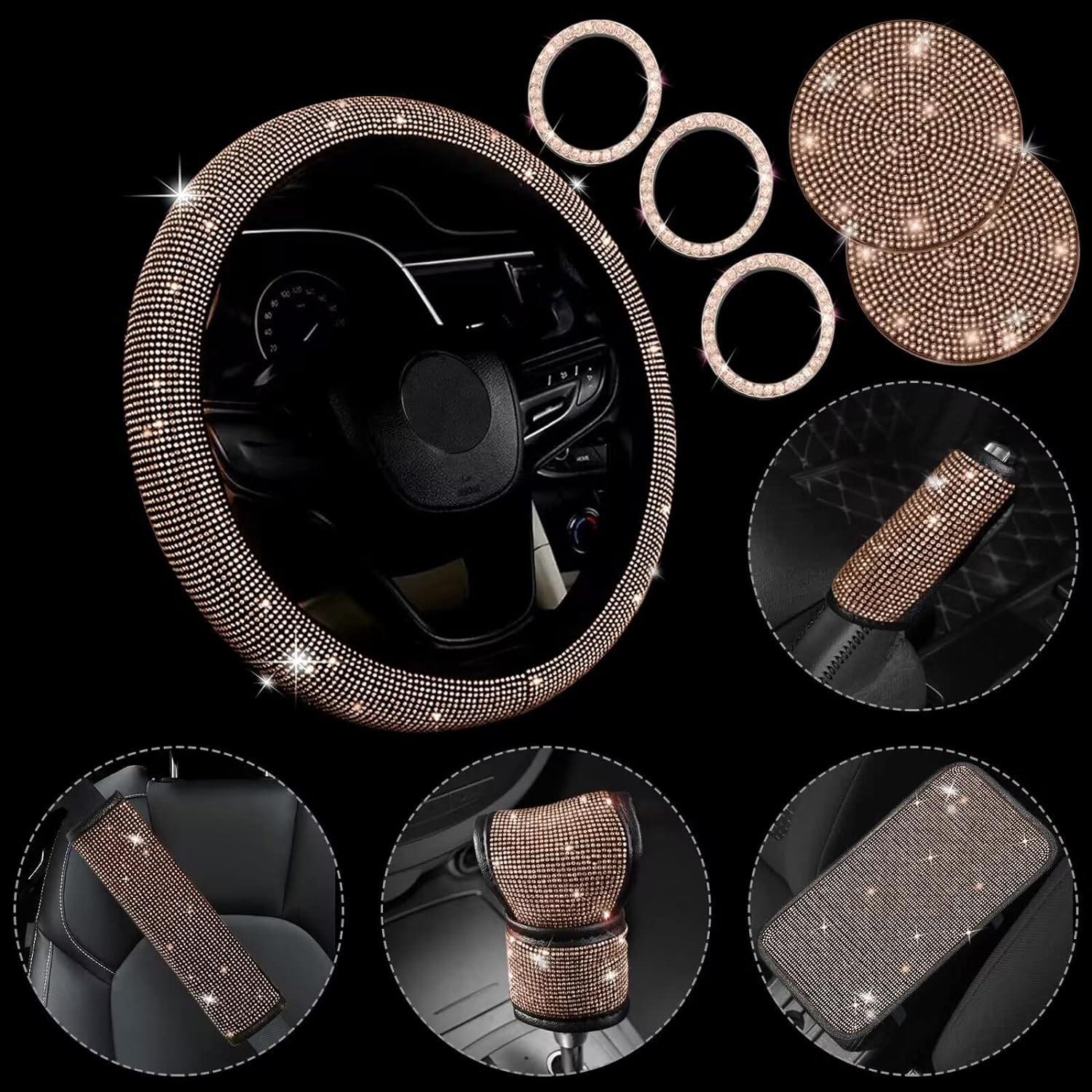 11 Pcs Bling Car Accessories Set,Bling Car Accessories Set for Women, Bling Steering Wheel Cover for Women Universal Fit 15 Inch, Rhinestone Center Console Cover(Ch Amp Ag Ne)