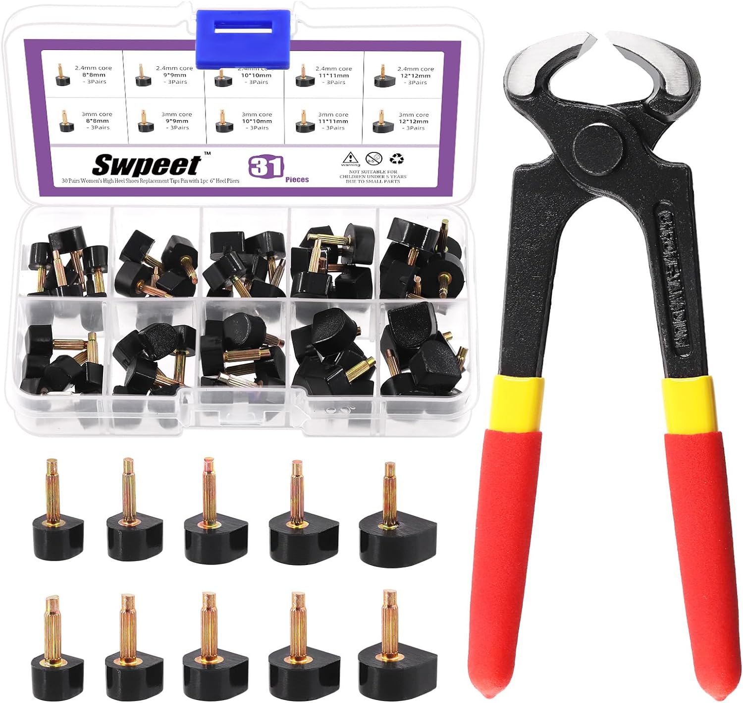 Swpeet 30 Pairs 8X8Mm 9X9Mm 10X10Mm 11X11Mm 12X12Mm Women'S High Heel Shoes Replacement Tips Pin, Women'S High Heel Repair Tool Kits 2 Different Pins Diamete with 6" Heel Pliers for Repairing Shoes image number 6