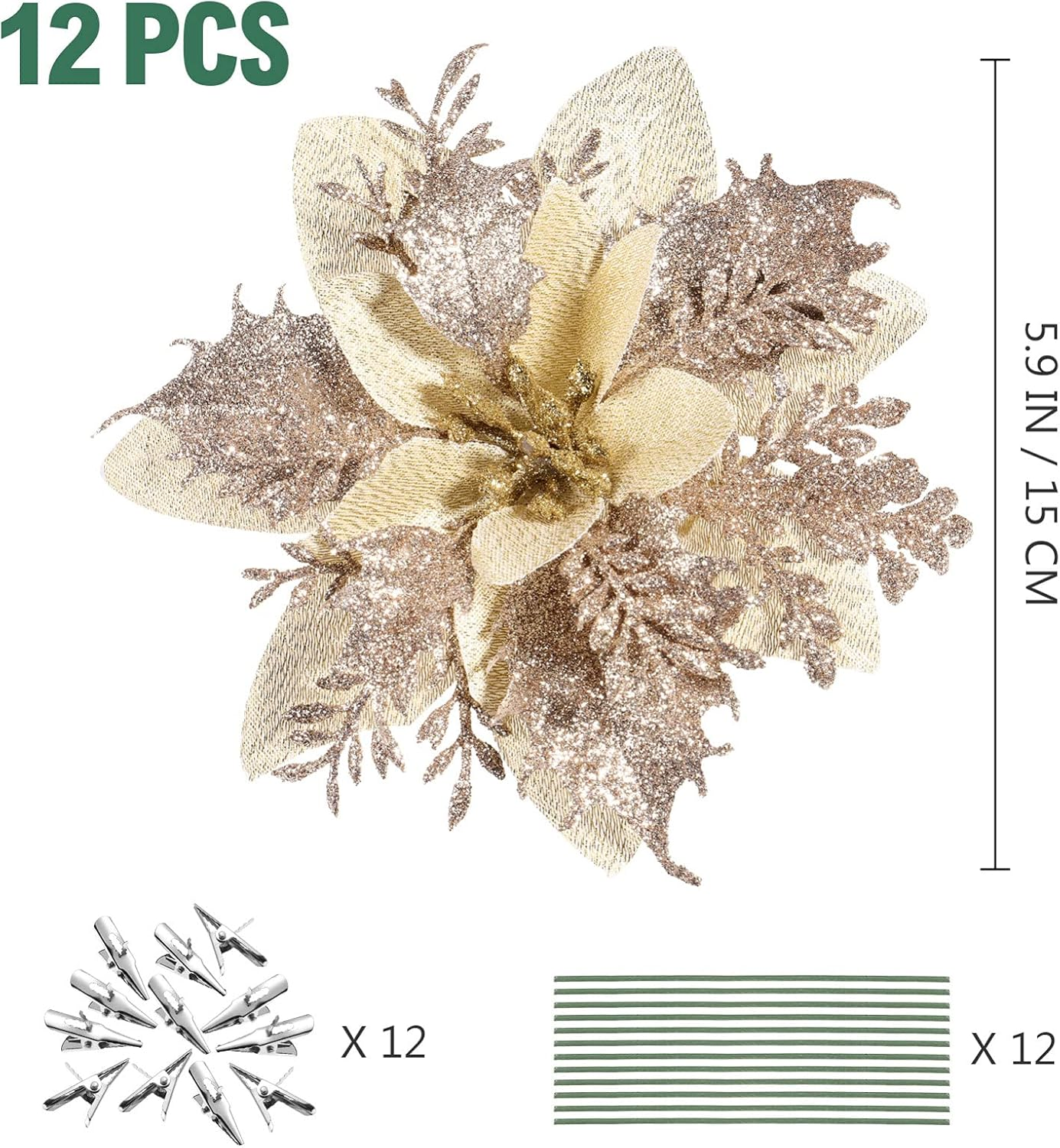 Kisangel 12Pcs Christmas Tree Picks, Artificial Poinsettia Glitter Flowers with Stems and Clips, Xmas Tree Flowers for Wedding Party Ornaments, Gold image number 1