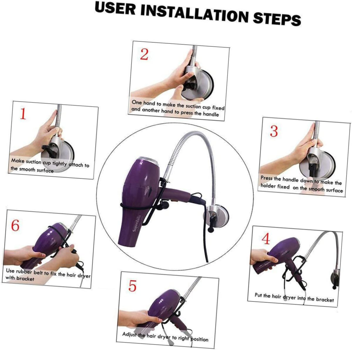 Vaguelly Hair Dryer Bracket Stand Stainless Steel Rotation Easy Mount Pet Hair Comb image number 6