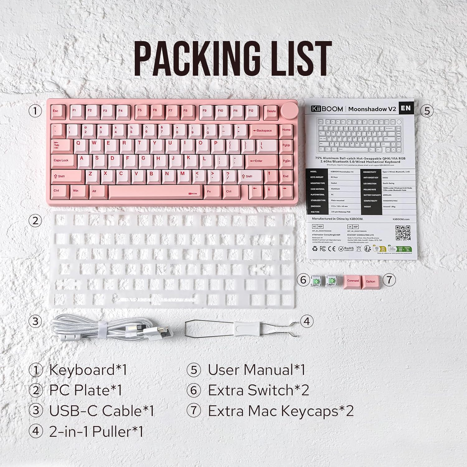 Kiiboom Moonshadow V2 75% Wireless Aluminum Gaming Keyboard, QMK&VIA Programmable, Bt5.0/2.4Ghz/Usb-C, Hot-Swappable Creamy Mechanical Keyboard with FR4 Plate, Knob, 4000Mah Battery (Pink) image number 2