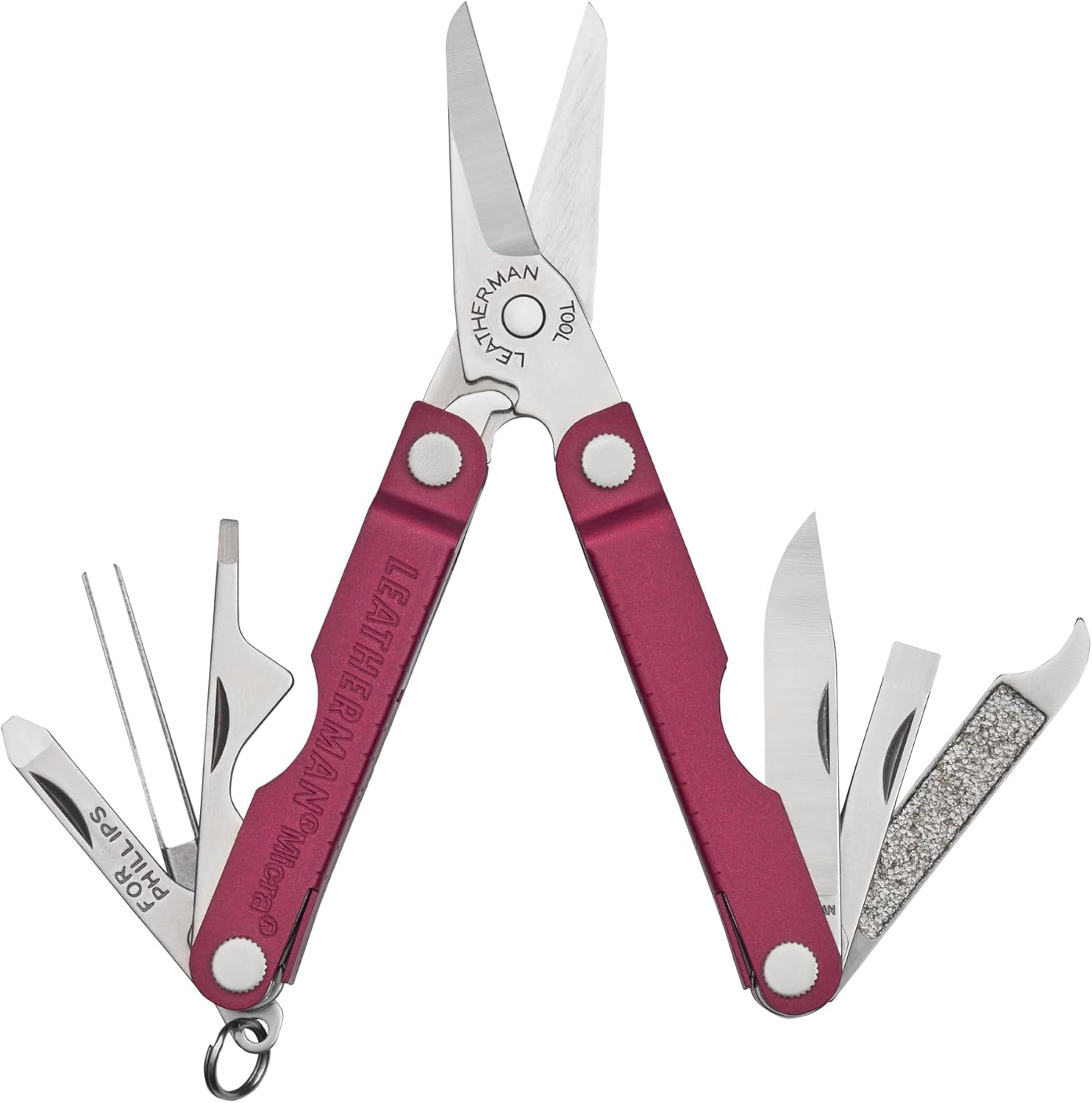 Leatherman Micra 10-In-1 Keychain Multitool with Spring-Action Pocket Scissors, Knife, Tweezers, Screwdrivers - 2.5" Compact EDC Tool - Cherry - Ideal for Personal Care & Utility Tasks