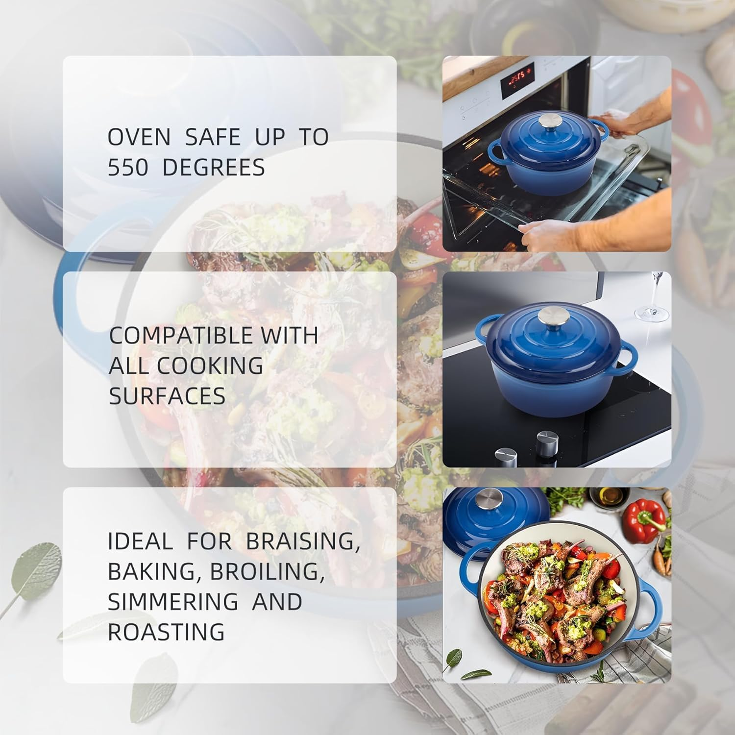 4 Litres/3.6 Quart Enameled Cast Iron Dutch Oven Pot with Lid, Oven Safe up to 550&deg; F & Dishwasher Safe, Sturdy Dutch Oven Cookware - Blue image number 2