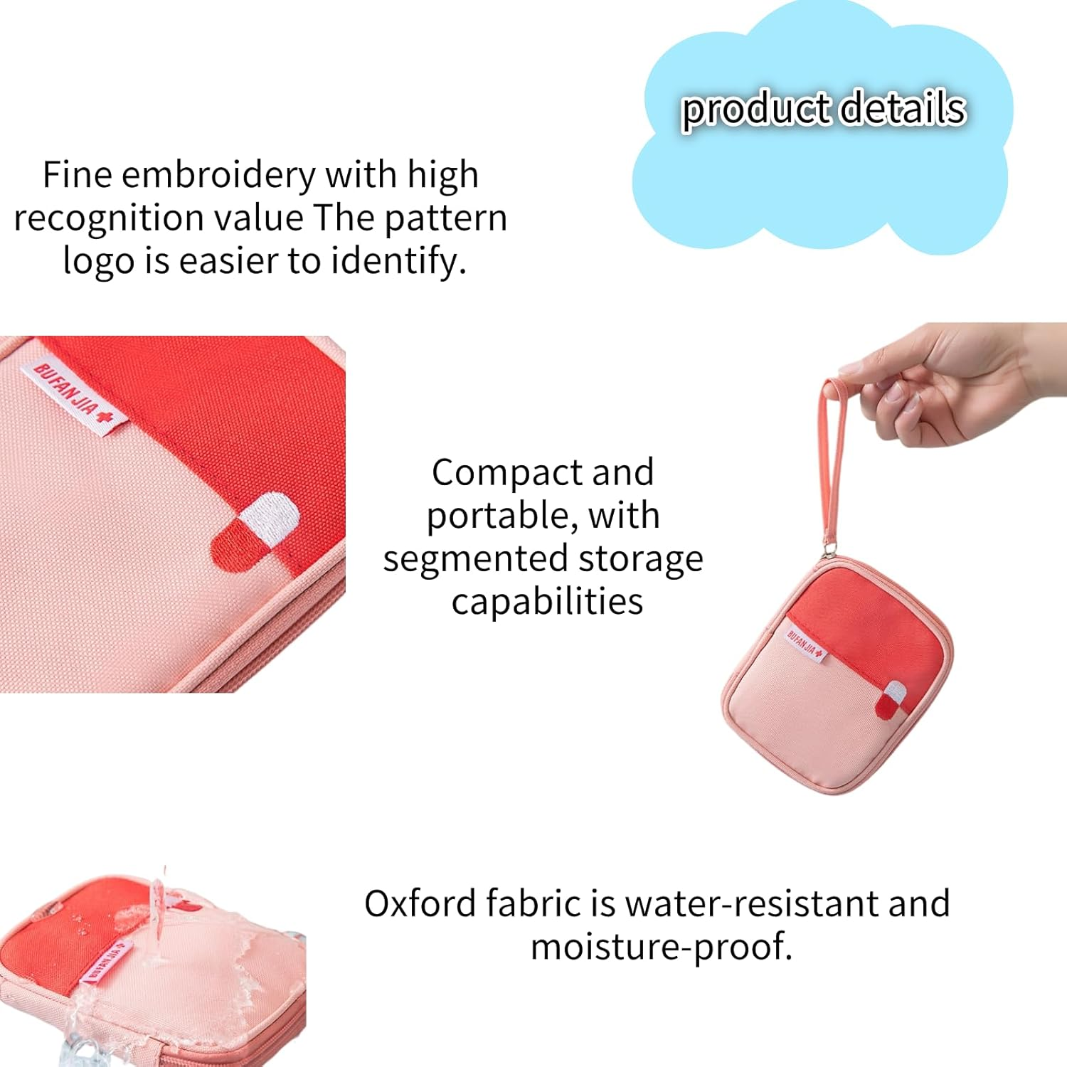 Kalione Pink First Aid Storage Pouch, Water-Resistant Medical Organizer Bag with Segmented Compartments, Portable Emergency Kit Case for Travel，Mini ，Multi-Function Health and Household Supplies image number 2