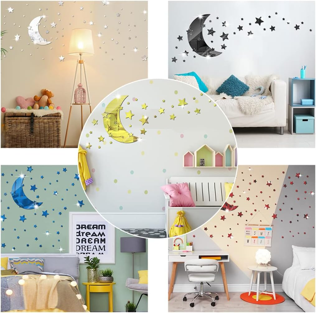 Moon and Stars Mirror Wall Stickers, Removable Acrylic Crescent and 146 PCS Stars Decals, 3D Art Wall Decoration for Baby Kid Bedroom Living Room Ceiling (Blue) - Black image number 7