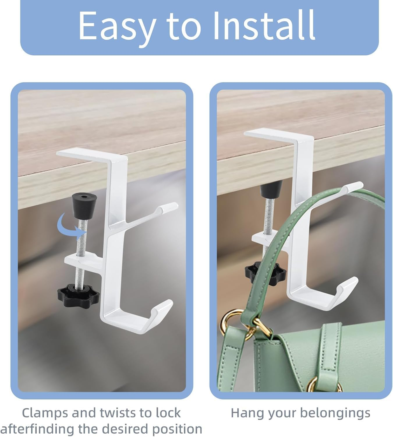 Desk Hook,Clamp-On Desk Mount Bag Holder Hook,Desk Backpack Hanger Desk Mount Headphone Holder,Table Hooks for Hanging Bags with Adjustable Desktop Clamp,Desk Table Hanging Storage Hook (Black) image number 6