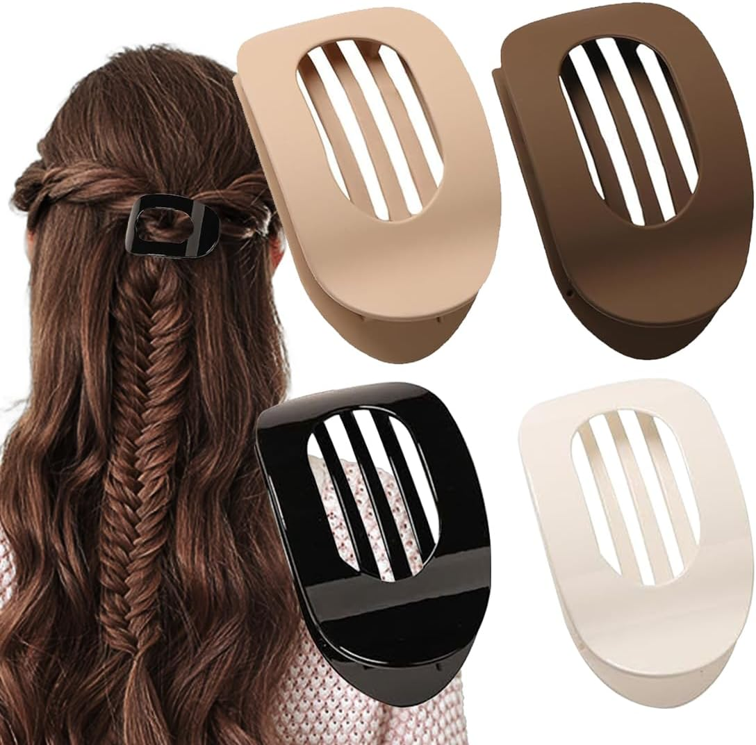 JRYXDS Pack of 4 Neutral Colour Matt Flat Hair Claw Clips with Secure Hold and Inner Teeth round Lay down Hair Clip for Thick and Thin Hair image number 4