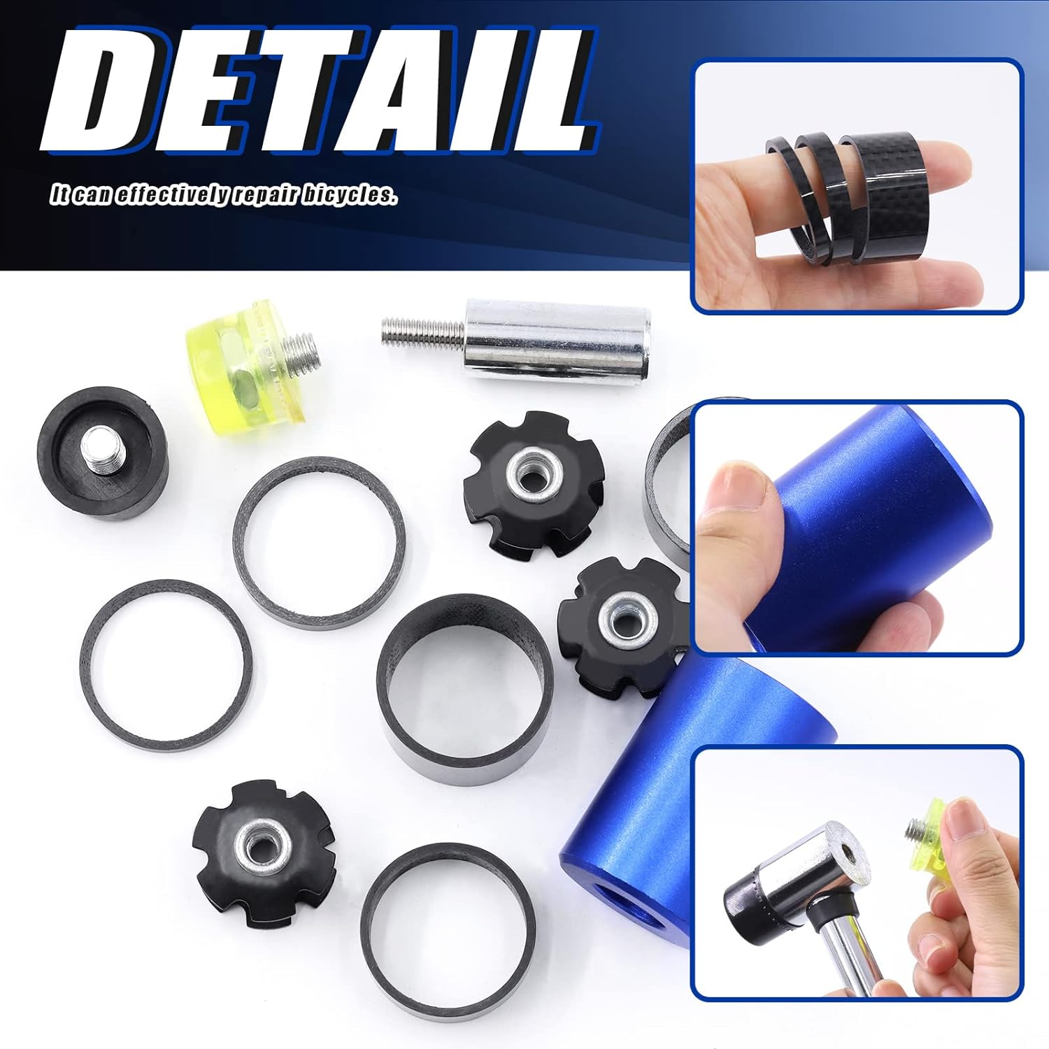 Glarks 15Pcs Bike Fork Star Nut Headset Spacer Installation Tool Kit, Bike Fork Installer Setting Tool and Rubber Hammers with Star Nuts and 3/5/10/15/20Mm Bicycle Carbon Fiber Headset Spacer Kit image number 2