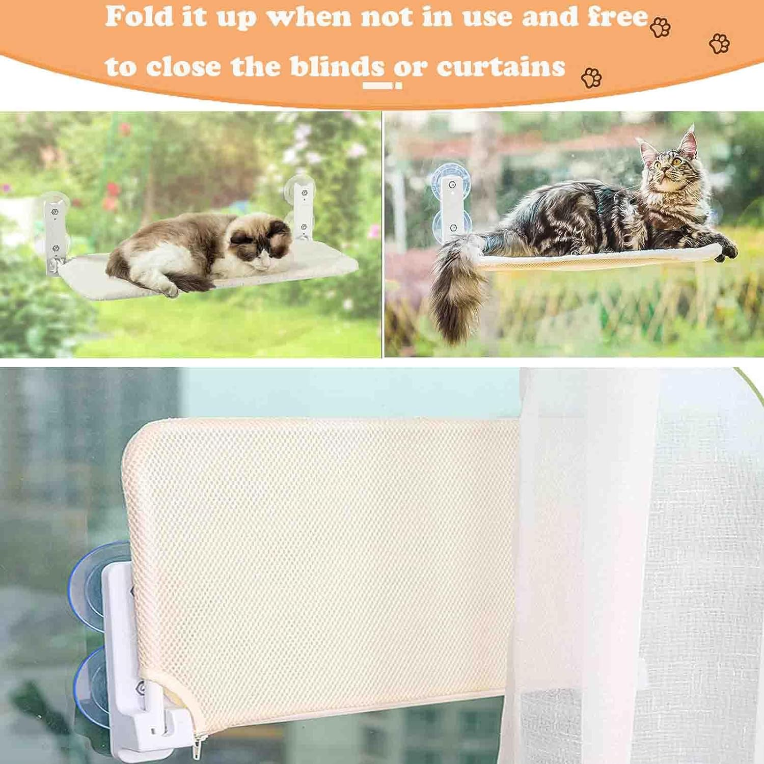 Cat Window Perch,Foldable Cat Hammock with 4 Strong Suction Cups,Cordless Hammock for Window,Sturdy Kitten Bed for Indoor Large Kittens Resting (Hold up to 50Lbs) image number 5