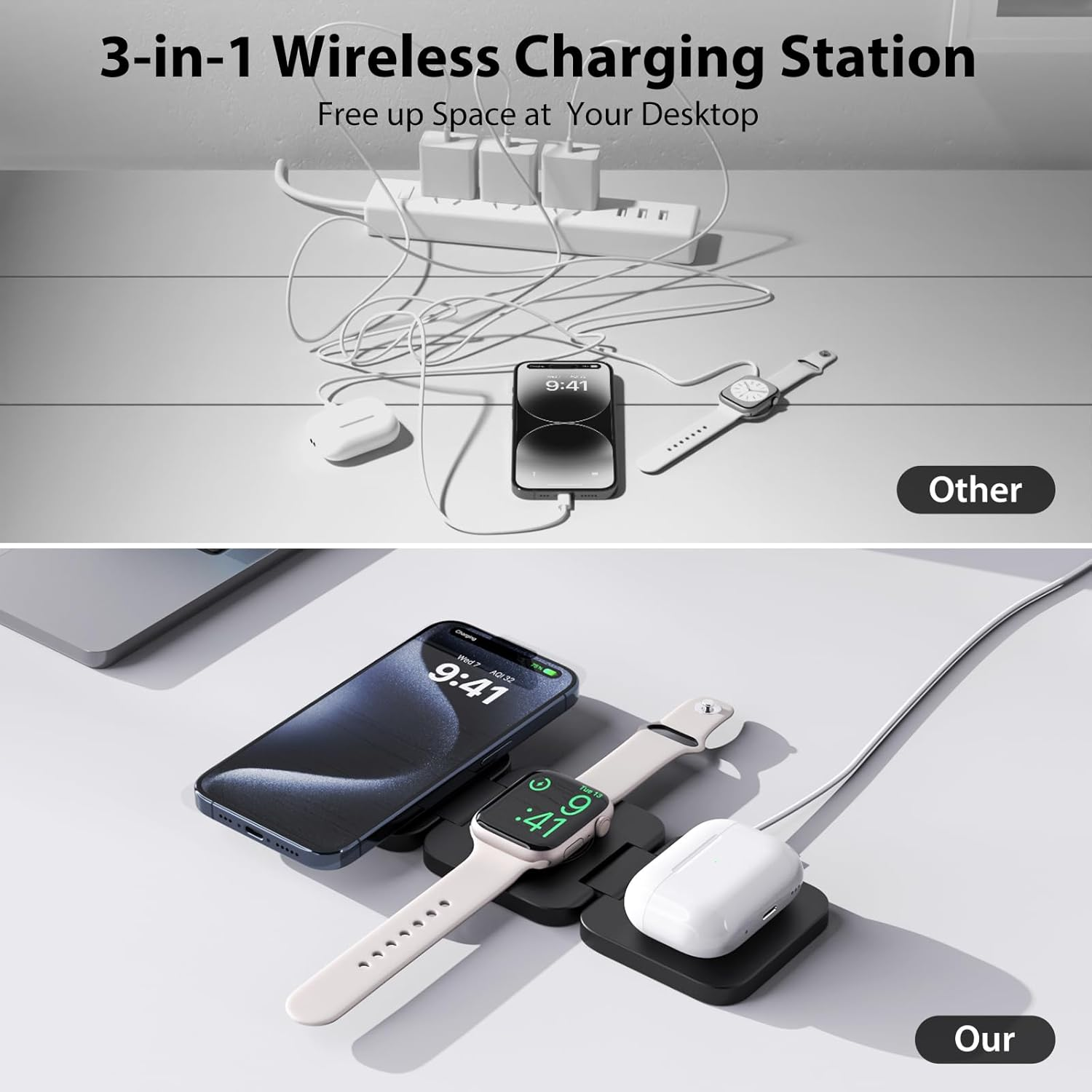 KU XIU X55 Foldable Wireless Charger, 3 in 1 Magnetic Charging Station for Iphone 17/16/15/14/13/12 Series and Iphone Air, 5W Charger for Iwatch 11&ndash;4/Se/Ultra, for Airpods 4/3/2/Pro 3/2/1 &ndash; Black image number 3