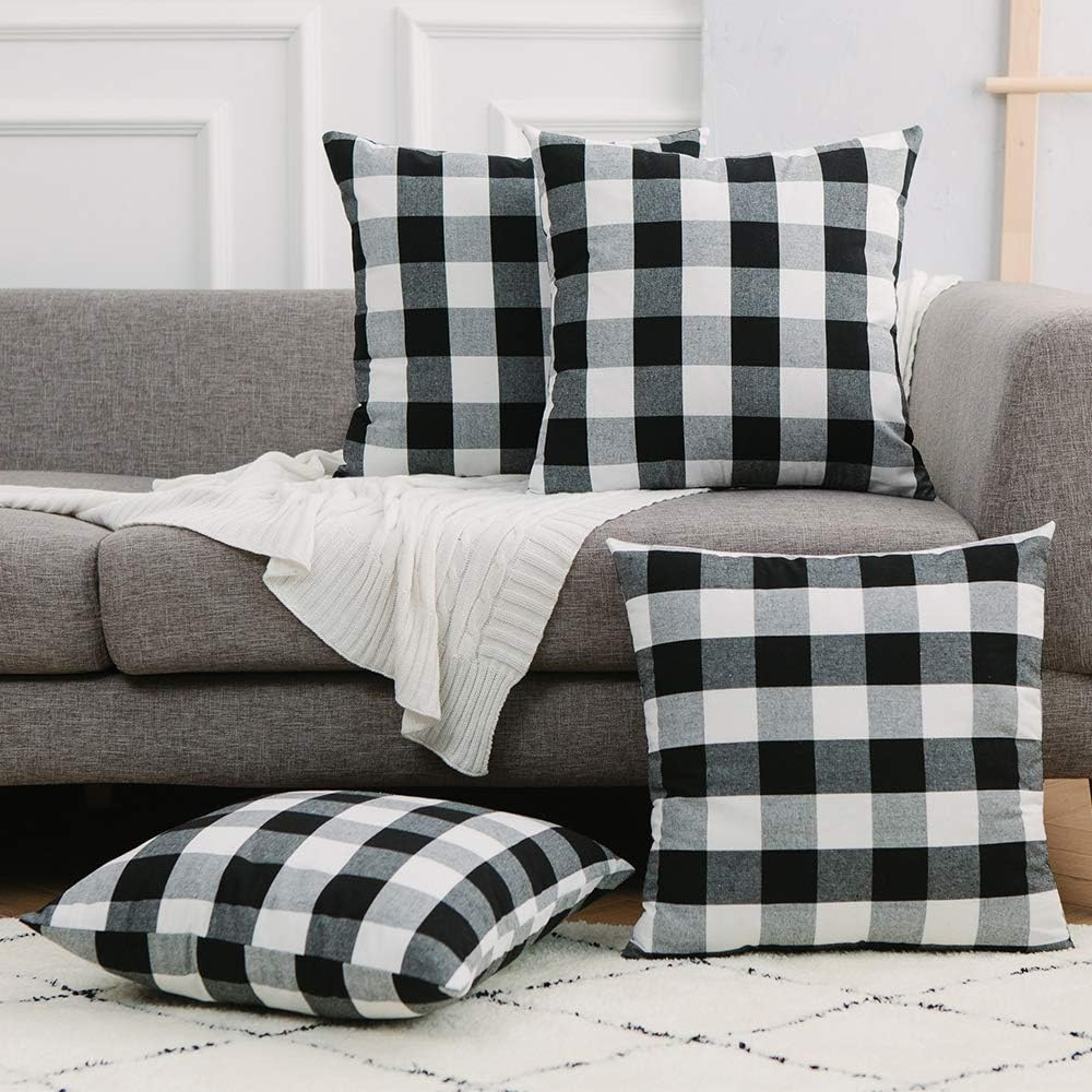 2 Piece Black White Cotton Buffalo Check Plaid Decorative Square Throw Pillow Cover with Invisible Zipper for Bench, 40Cm X 40Cm image number 3