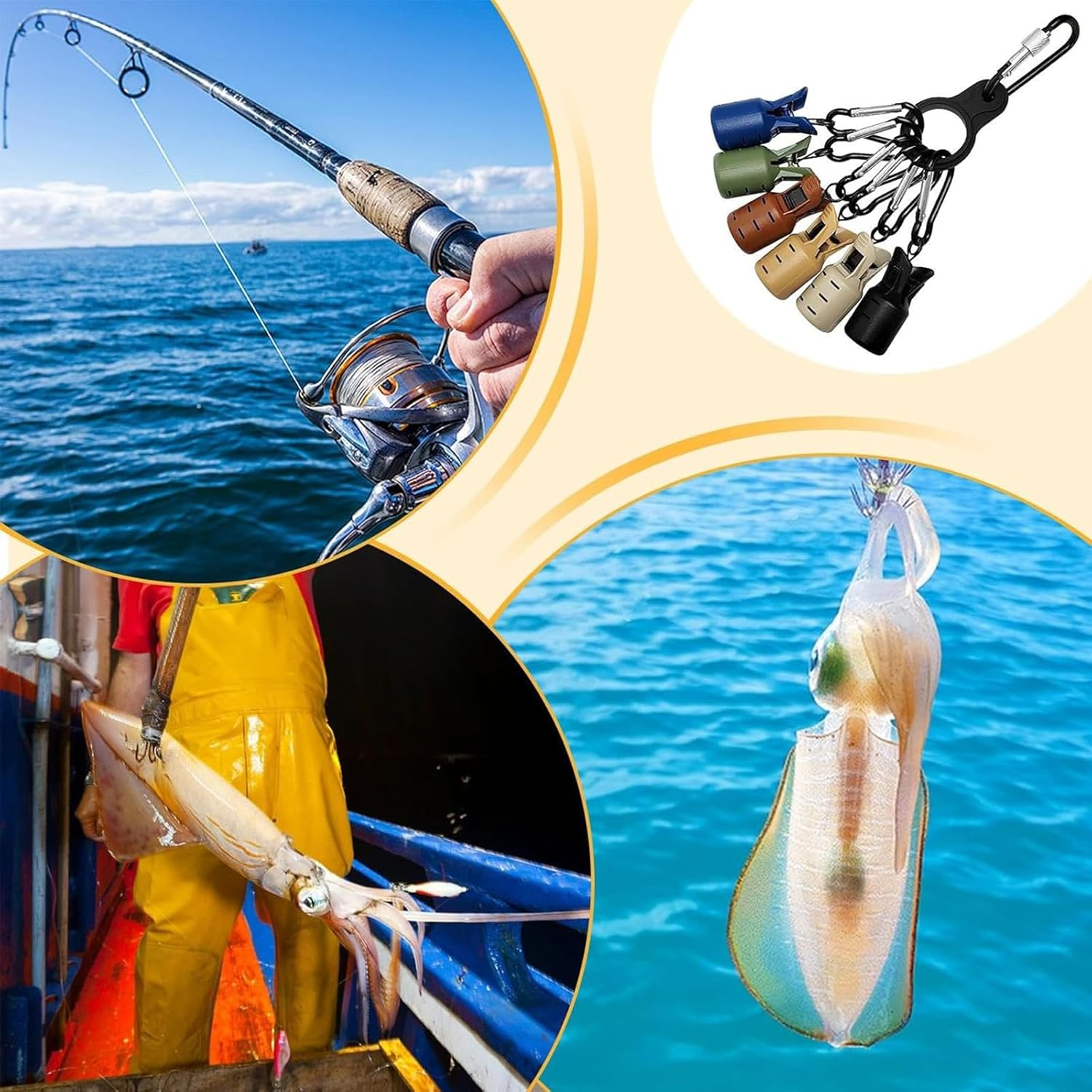 Rhoyee 6PCS Squid Jig Hook Covers with Carabiner &ndash; Durable Lure Safety Protectors for Fishing Bait & Squid Hooks, Universal Fit Hook Guard Case for Saltwater & Freshwater Anglers image number 6