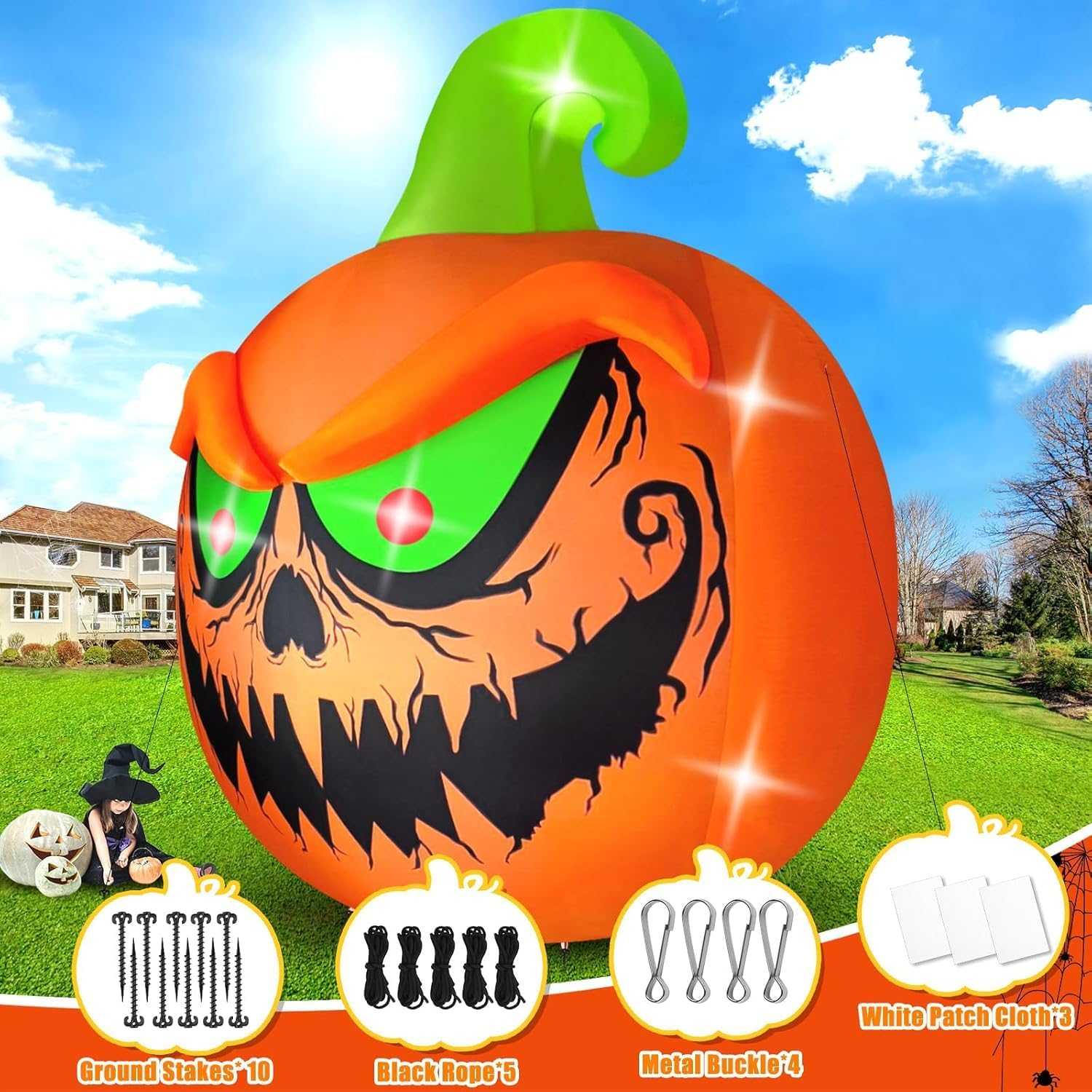 EBANKU 15 FT Giant Halloween Inflatable Pumpkin Outdoor Decorations Blow up Yard Build-In Leds for Halloween Outdoor Indoor Garden Lawn Yard Party Decor image number 2