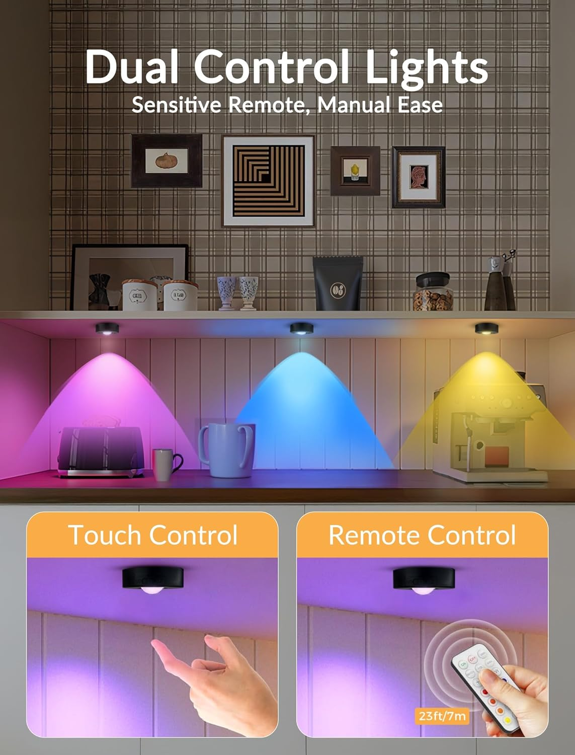 MERTTURM Rechargeable RGB Puck Light, 1200 Mah Wireless Cupboard LED Cabinet Light, Dimmable Stick on Wall Light with Remote Control/Timer for Wardrobe/Kitchen-3 PCS image number 2