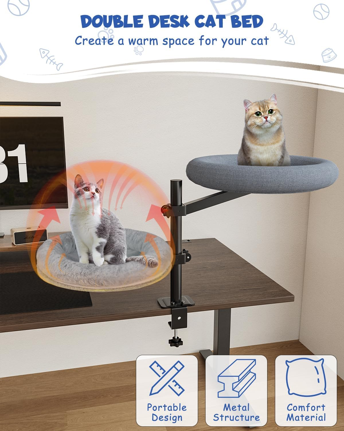 Double Cat Desk Bed, 360&deg; Rotating Elevated Desk Cat Bed, Adjustable Raised Desk Kitten Bed up to 80 LBS, Washable Soft Fabric Pet Desks Nest Beds, Cat Hammock Wall Mounted for Office and Game Tables image number 2