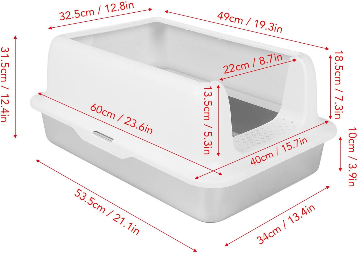 Stainless Steel Litter Box, Open Top Cat Litter Tray, High Sided Cat Litter Pan, Large Metal Cat Litter Box, Easy to Clean (White) image number 1
