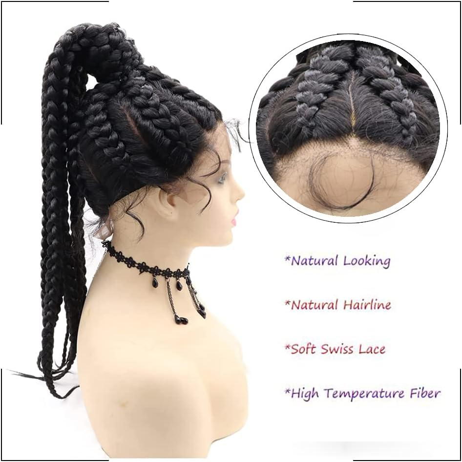Afbeauty Black Braided Lace Front Wig for Women Synthetic Handmade Black High Ponytail Braided Wig with Baby Hair Heat Resistant Fibre Braid Wigs for Cosplay Party Makeup image number 1