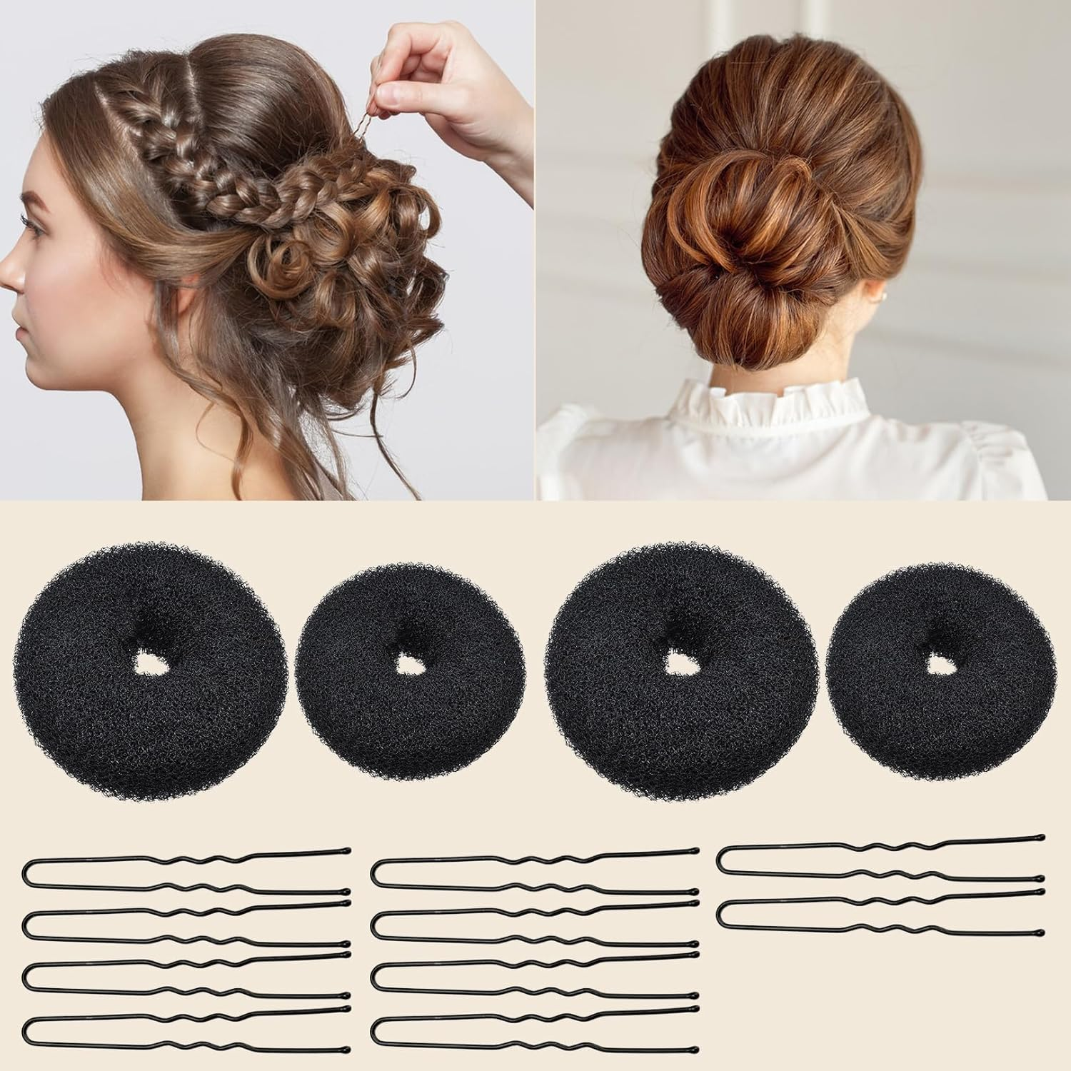 Pack of 14 Bun Cushions, Small Hair Bun Maker, Rings Bun Donut Bun, Hair Styling Hair Bun Scrunchie, Ballet for Hair Bun Cushion, Hair Clips Girls, Women Hairstyle Aid, Black Doughnut Set