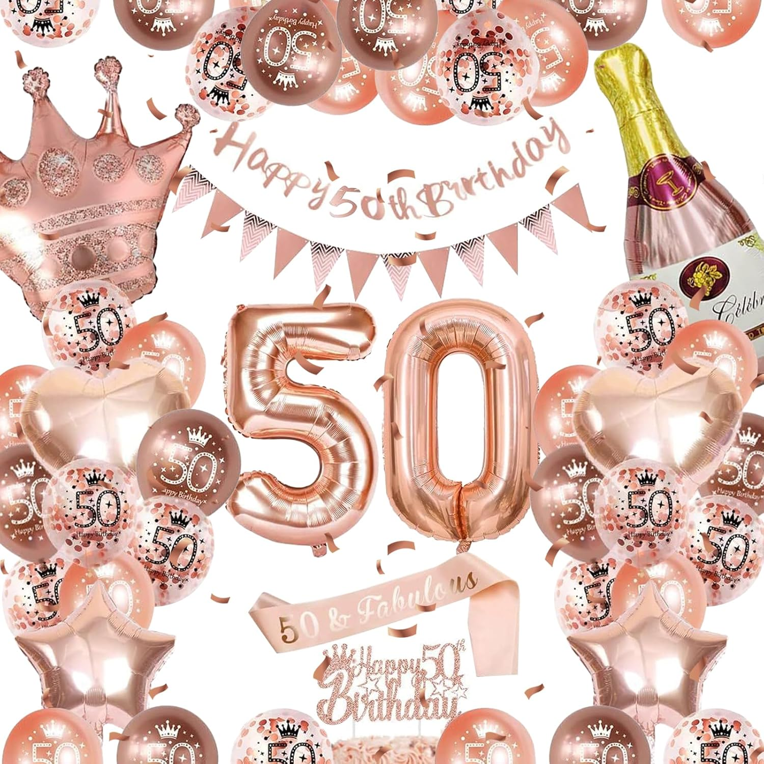 Xugoox 37 Pcs Rose Gold 50Th Birthday Decorations with Happy 50Th Birthday Banner, Rose Gold 50Th Birthday Balloons Star Heart Balloons, Cake Topper, Sash for Women 50 Years Old, Fifty Birthday Decor