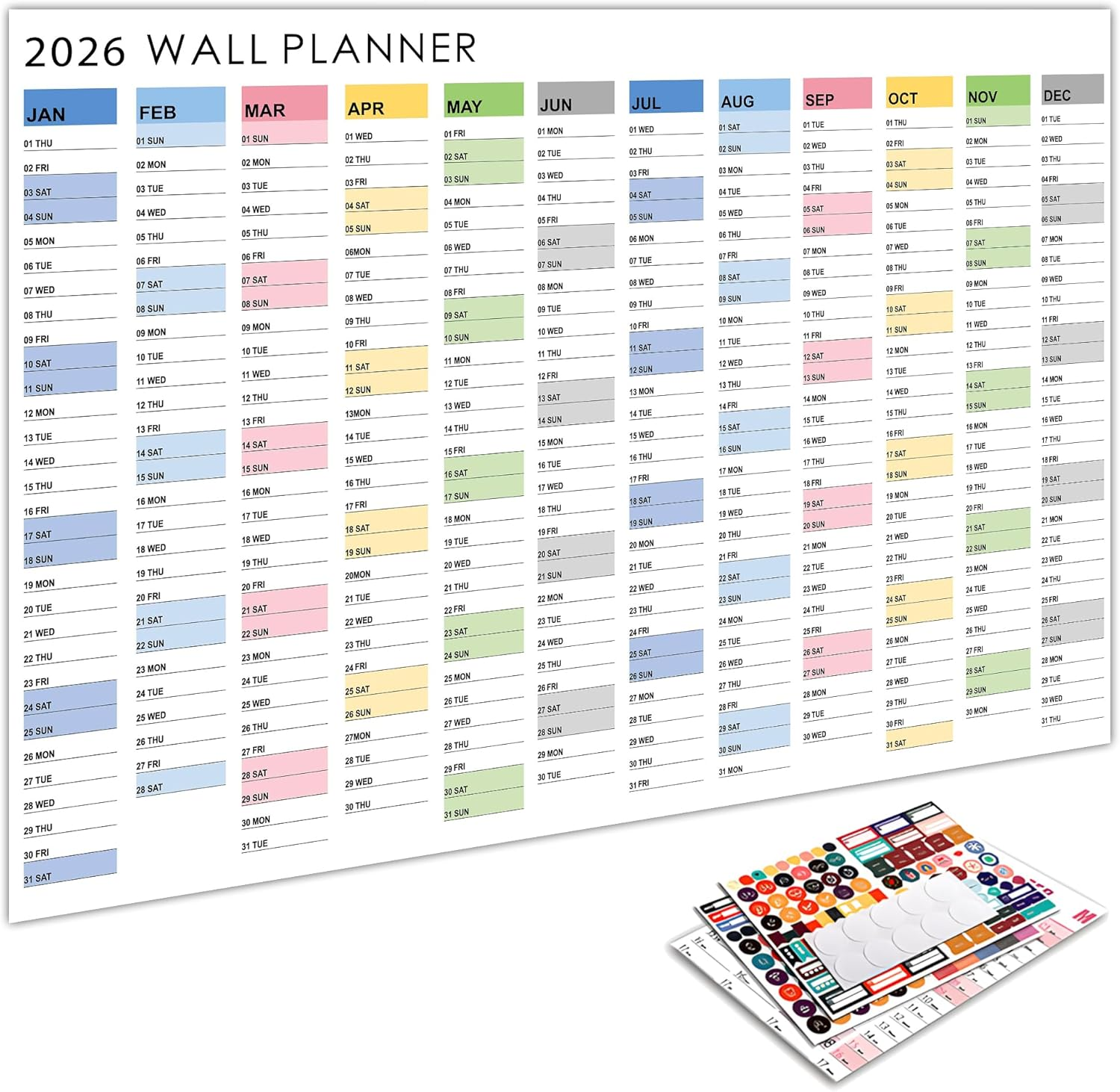2026 Wall Planner, Large Wall Calendar Yearly Wall Planners & Colorful Stickers, Paper Blank Poster Calendar Charts, 2026 Annual Calendar, 365 Daily Plan Yearly Planner Office Home Plan Chart, Foldable(Multicolor#2) image number 2
