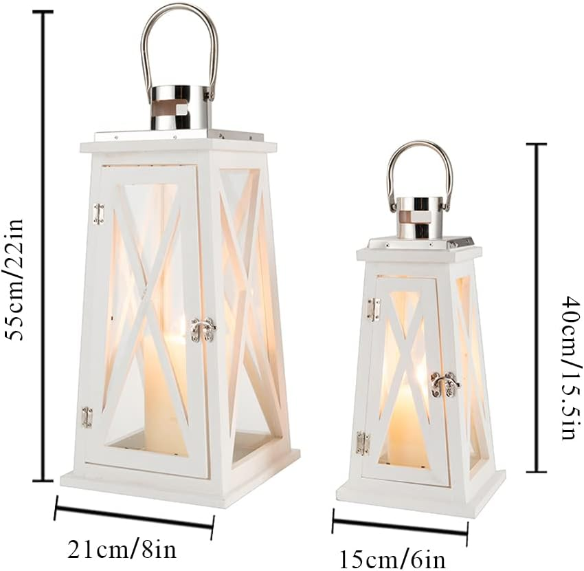 TRIROCKS Set of 2 Farmhouse Wooden Lantern 56&40 Cm Tall Metal Decorative Candle Holders with Tempered Glass Rustic Hanging Lantern for Patio Garden Wedding Parties Indoor Outdoor(White) image number 6