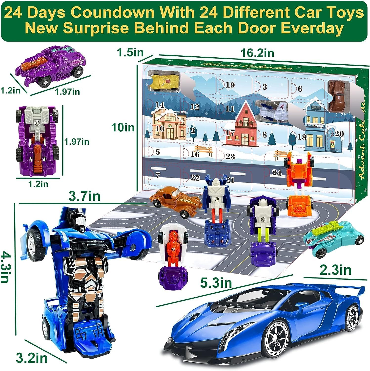 AMENON 24 Pcs Transform Car Robot Toys Christmas Advent Calendar 2023 for Kids Boys, 24 Days Countdown Calendar Large Car Automatic Deformation + 23 Vehicles Xmas Stocking Stuffers Gifts Party Favors image number 2