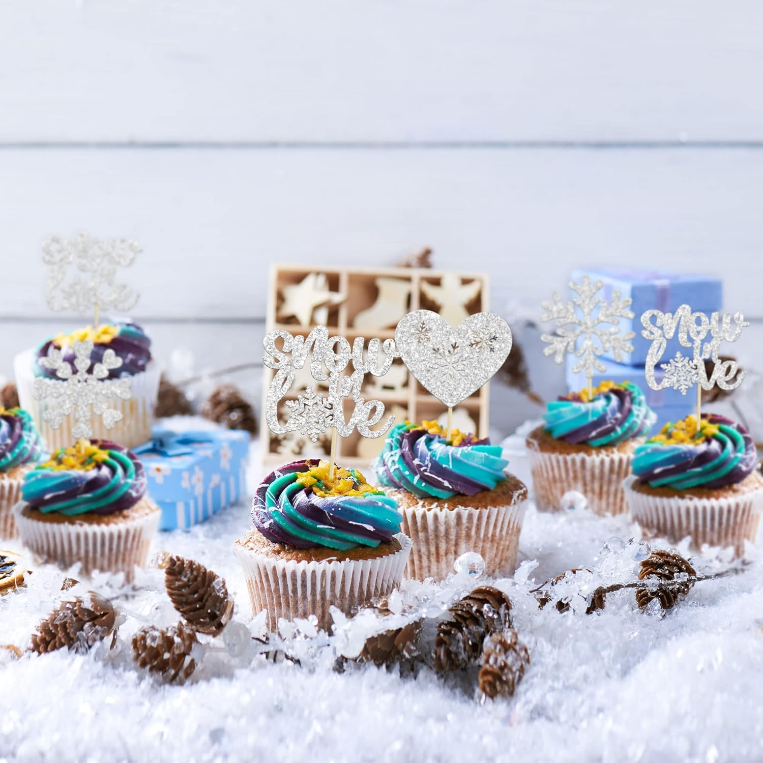 Gyufise 24Pcs Snowflake Cupcake Topper Silver Glitter Winter Heart Snow in Love Cake Toppers for Winter Wonderland Wedding Anniversary Decorations Bridal Shower Party Supplies image number 1