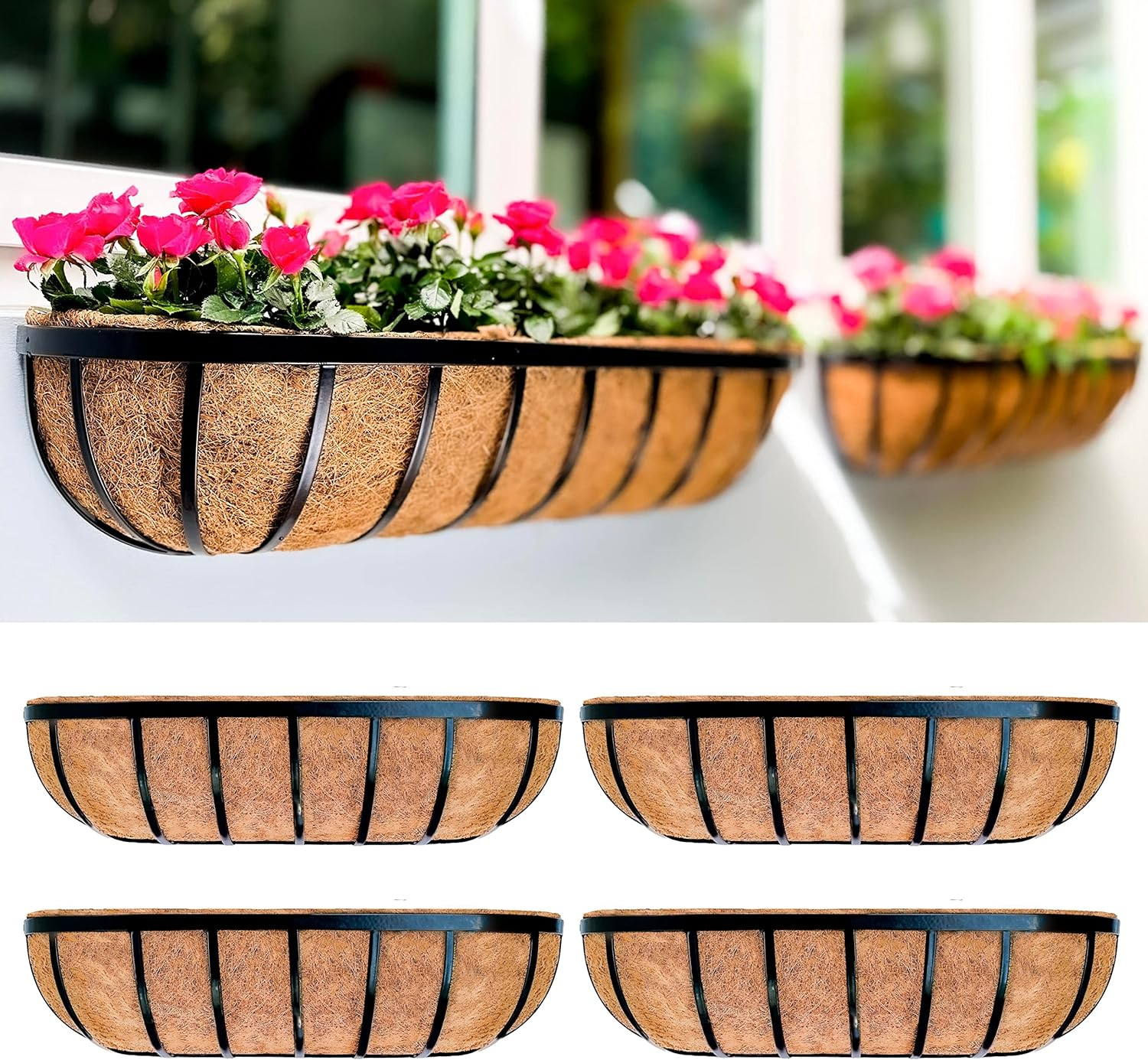 Lalagreen Fence Planters for Outdoor Plants (4 Pack, 24 Inch) Black Metal Window Boxes Planter to Attach to House, Wall Mounted Flower Coco Baskets outside Deck Railing Balcony Garden Porch Patio Rail