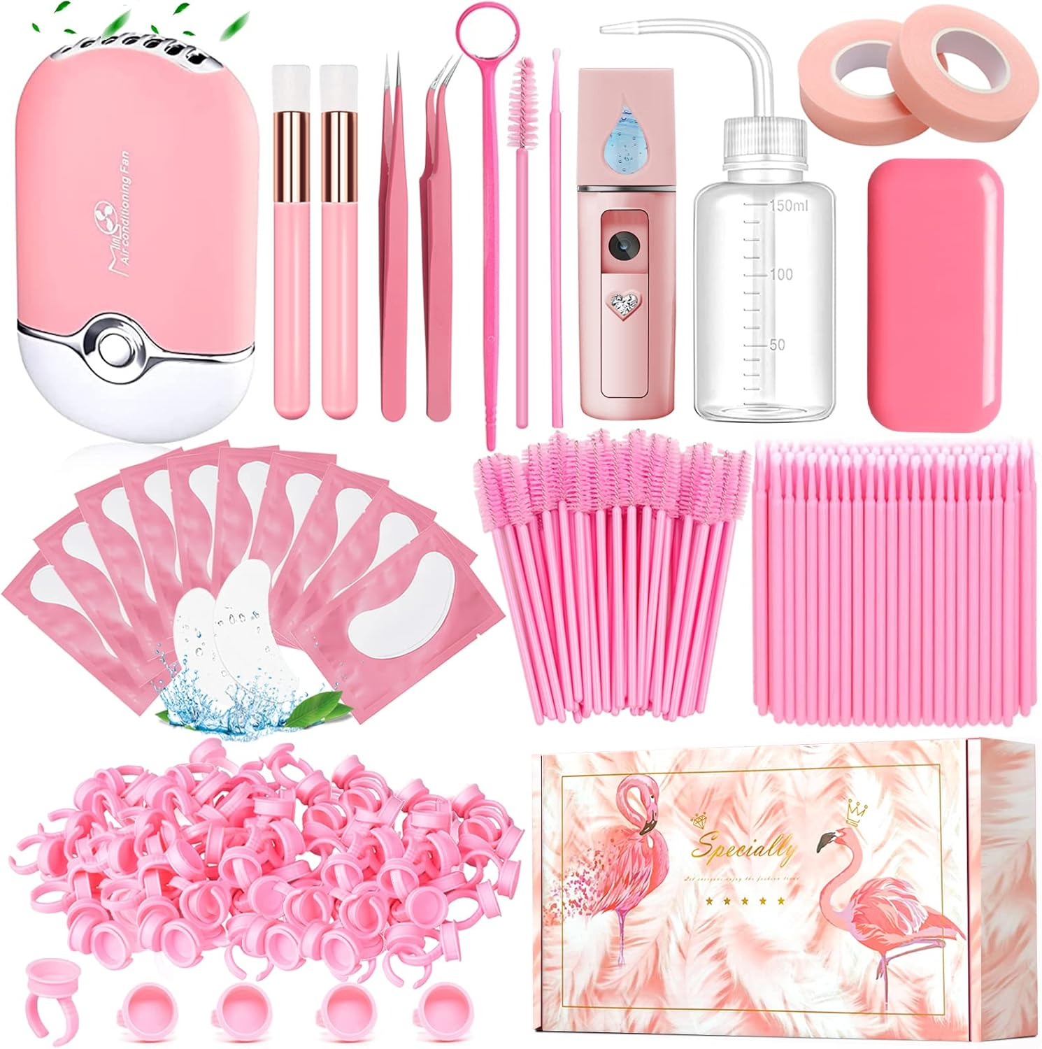 Eyelash Extension Supplies USB Air Conditioning Blower Facial Mister Lash Tweezers Mirror Mascara Brush Lash Shampoo Brush Bottle Silicone Pad Glue Rings under Eye Gel Pads Micro Applicators Tapes