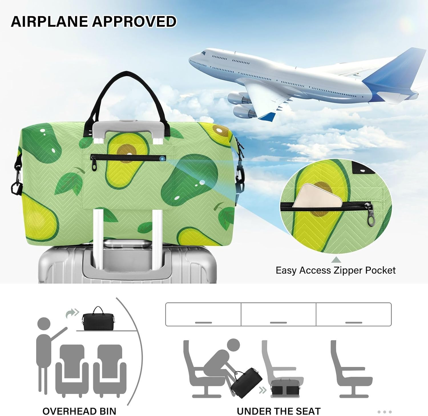 Overnight Travel Duffel Bag Weekender Overnight Bag Avocados Tropical Fruits Green Sport Training Bag with Toiletry, Avocado Tropical Fruit Pattern Green, Set of 2, Art Deco image number 5