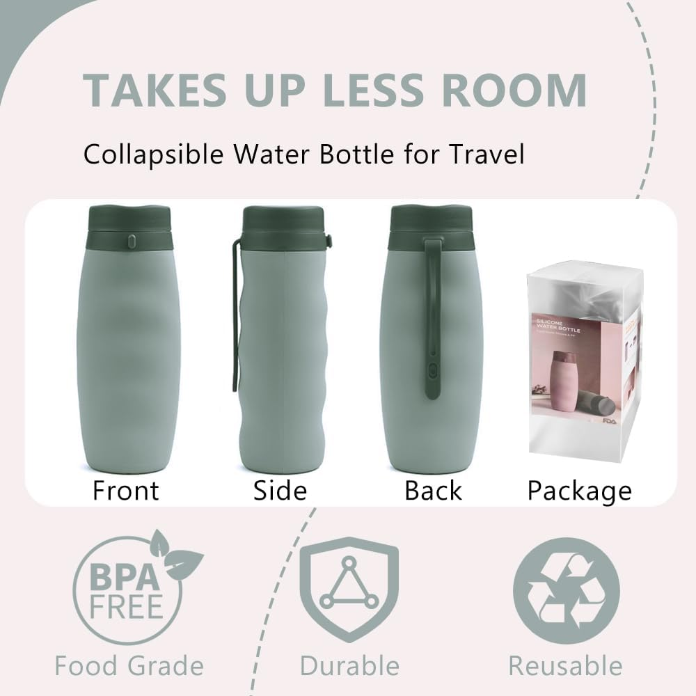 RINGSUN 2-Pack Collapsible Water Bottle, 600Ml Rollable Drink Bottles, Waterbottle Portable for Sports Gym Travel Hiking - Grey Grey image number 4