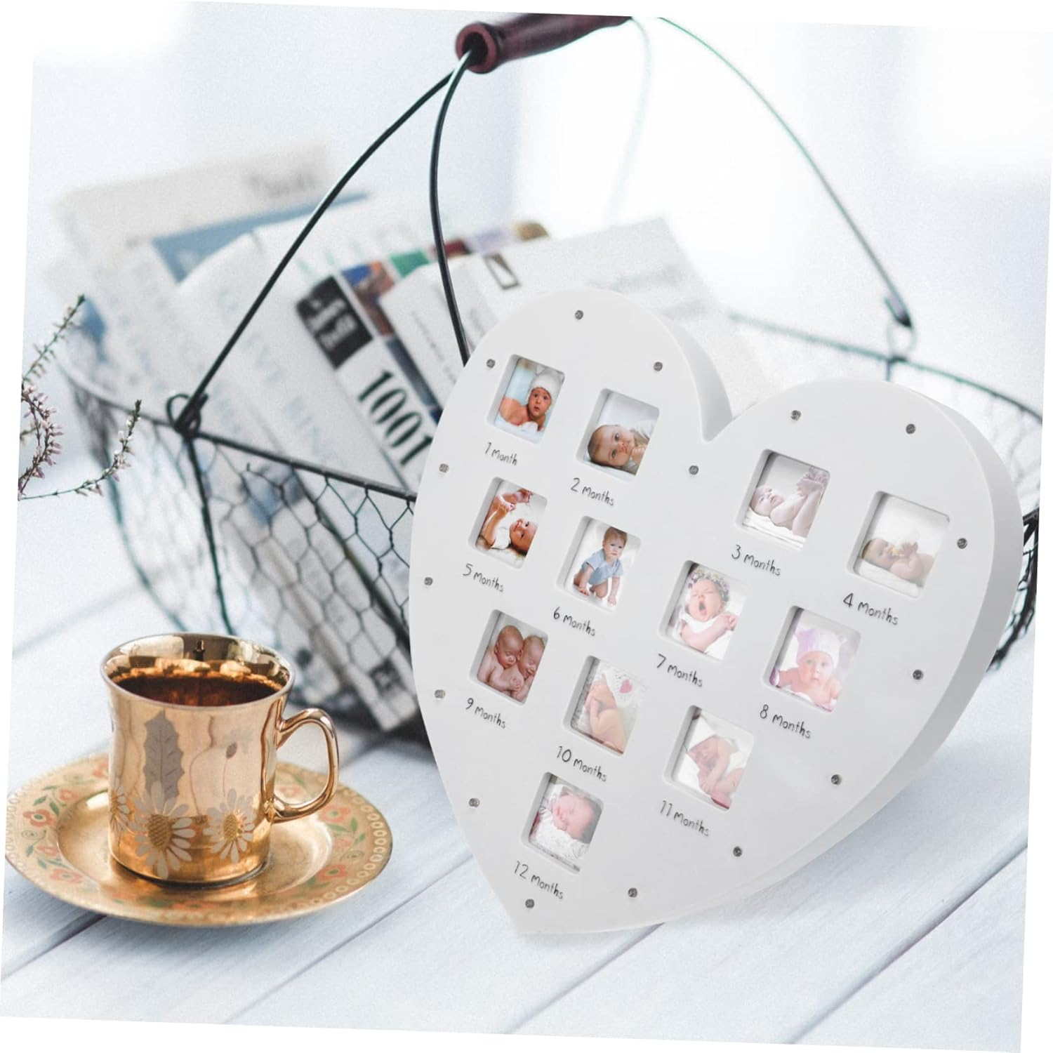 SHOWERORO 1Pc Heart Shaped Photo Frame with LED Light Month Growth Record Keepsake Display Durable Memory for Newborns Wall Tabletop Decoration for Celebrating Milestones image number 5