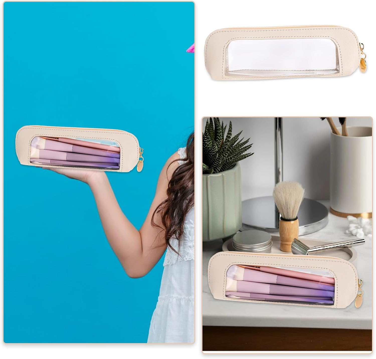 Mini Cosmetic Bag Transparent Beige Makeup Bag Storage Bag Small PU Mini Make up Bag Portable Cosmetic Bag Waterproof Cosmetic Bag Travel Organiser Women'S Make up Bag Small Beauty Bag, White - White image number 2