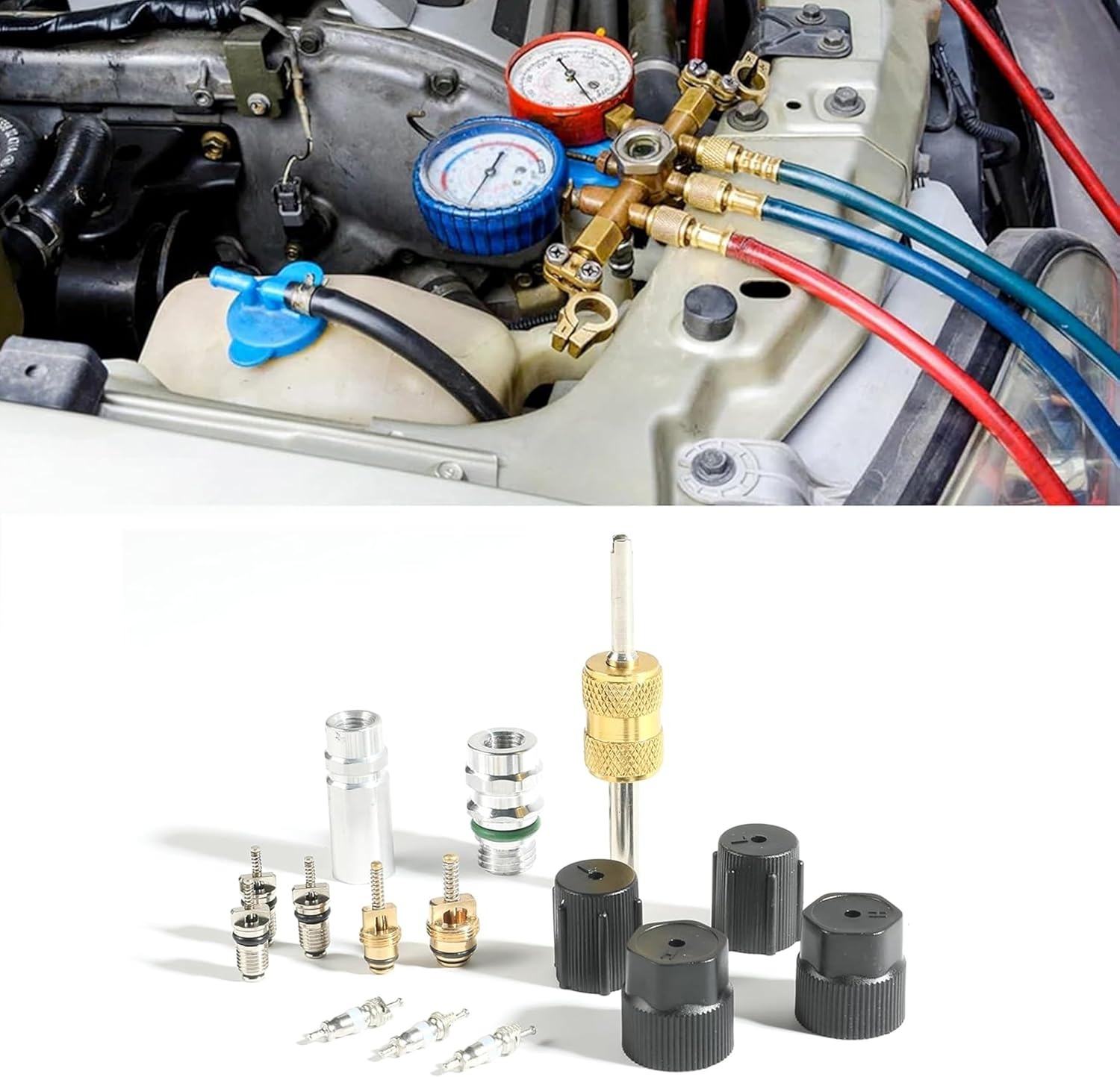 AC Valve Core Kit,Car Accessories HVAC Valve Core Removal Tool,Hvac System Charging Port Seal Caps Kit,12 R134A Automotive Air Conditioning Refrigeration Tire Valve Stem,Universal for Vehicles