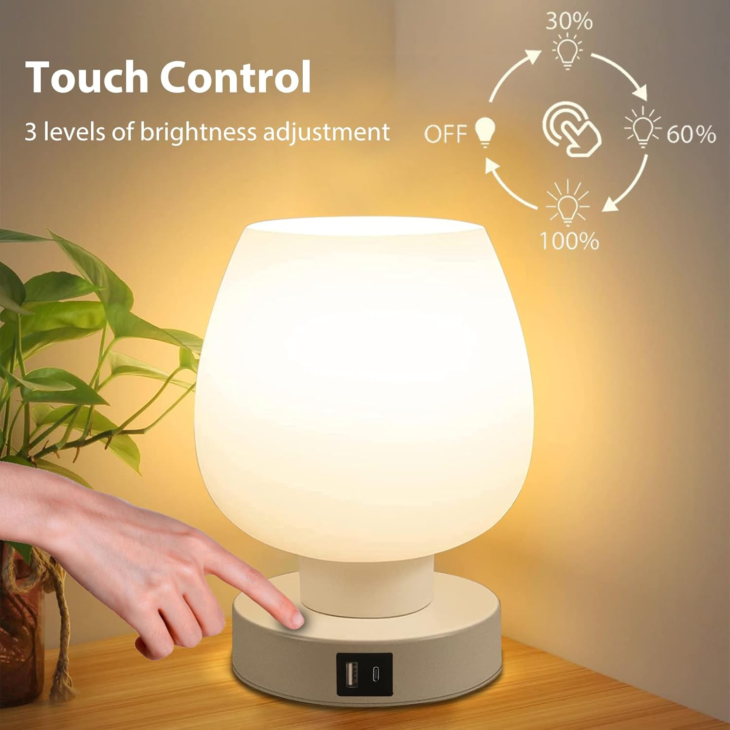 Touch Bedside Table Lamp with 2 USB Charging Ports, 3 Way Dimmable Bedside Lamp with White Opal Glass Lamp Shade, Touch Table Lamp for Bedroom Nightstand, Living Room, Dorm, Home Office image number 6