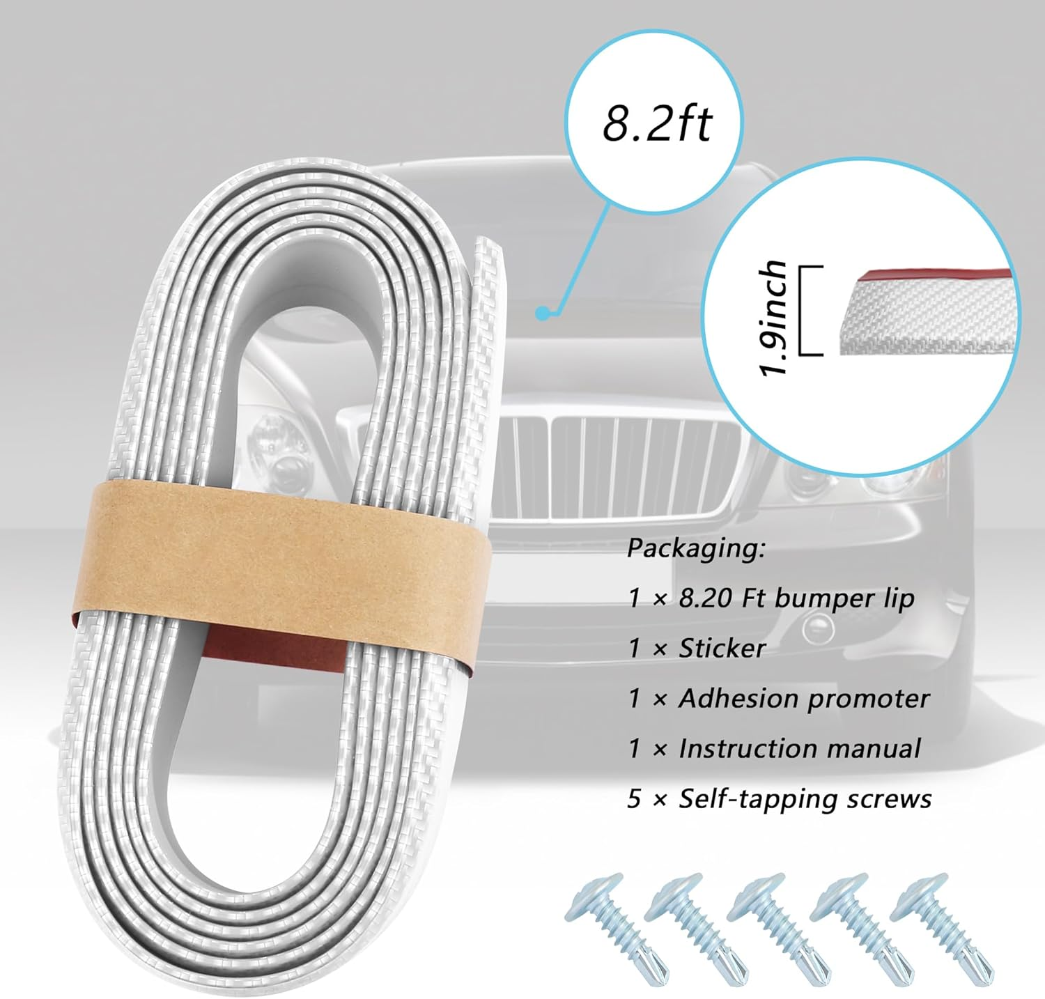 8.2Ft Universal Front Bumper Lip Strip, Anti-Scratch Rubber Spoiler for Side Skirts, Bumpers, Trunk - Car Exterior Accessories for Truck SUV (White) image number 6