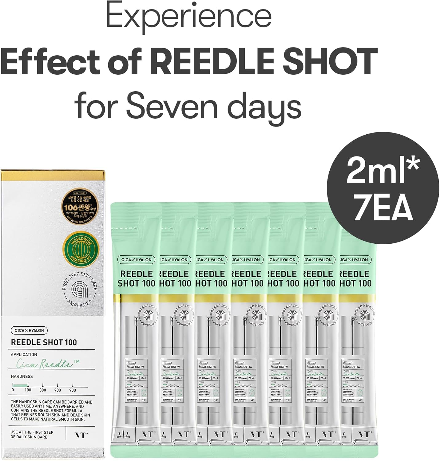 VT COSMETICS Cica Reedle Shot 100 Ampouler, Easy Home Care for Enlarged Pores, Blackhead, Whitehead Removal, Blemish & Hydrating Care for Plump Skin, 2Ml*7 Pcs image number 3