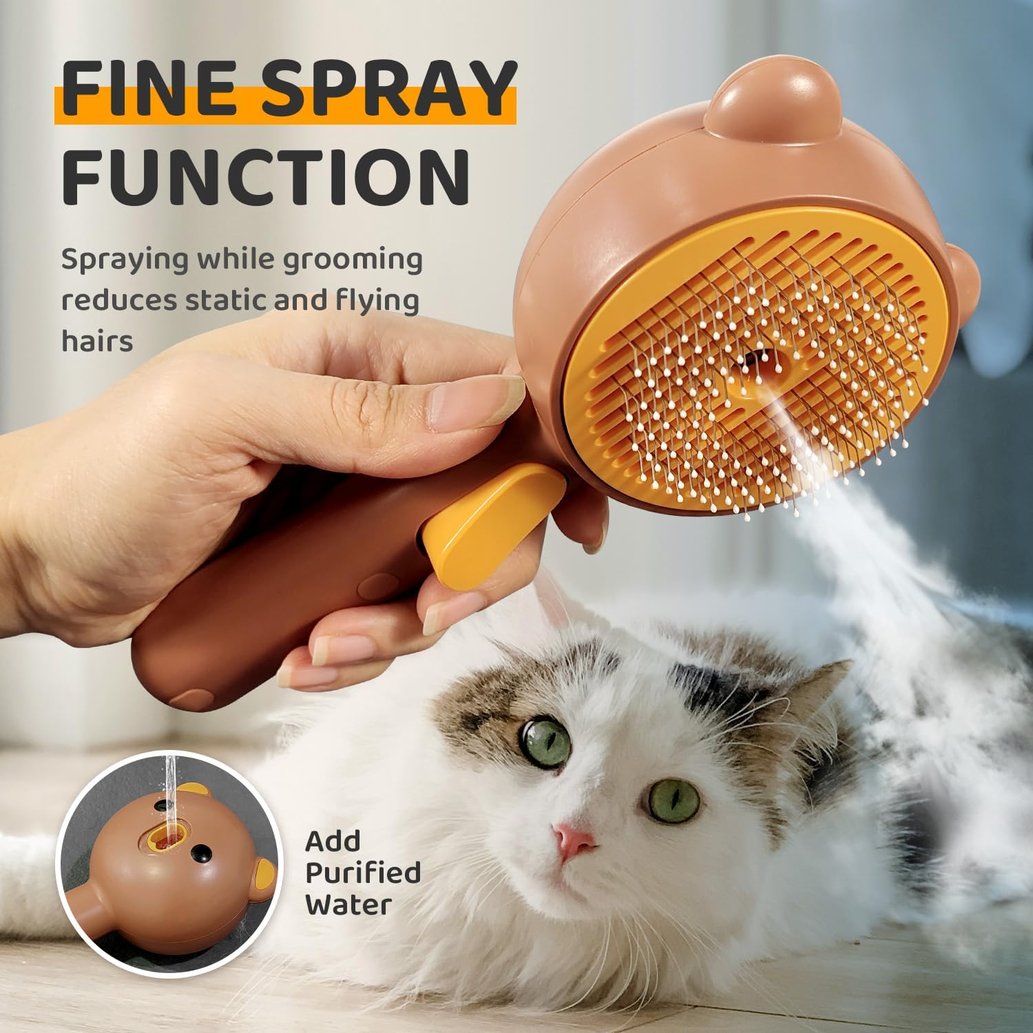 Cat Steam Brush, Self Cleaning Pet Spray Hair Removal Comb with Release Button, 3 in 1 Cat Brush for Indoor Cats, Waterproof Pet Grooming Brushes for Long Short Haired Dogs Cats（Brown） image number 3