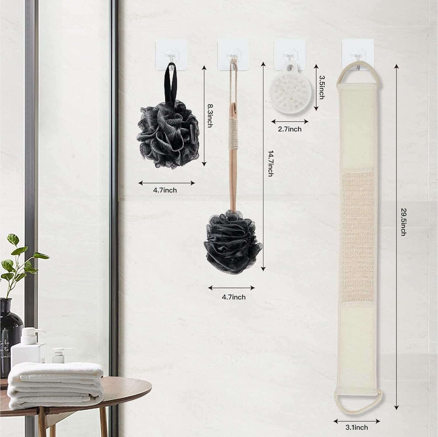 Back Scrubber with Bamboo Charcoal,Includes 1 Long Handled Shower Sponge,1 Loofah Back Scrubber, 1 Bath & Shower Luffa Pouf,1 Silicone Scalp Massager & 4 Hook.Deep Clean & Vitalize Your Skin. image number 4